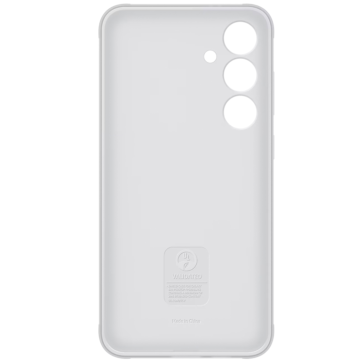 Una funda blanca para teléfono con recortes para la cámara y botones. Tiene una etiqueta 'VALIDATED' y el texto 'Made in China'.