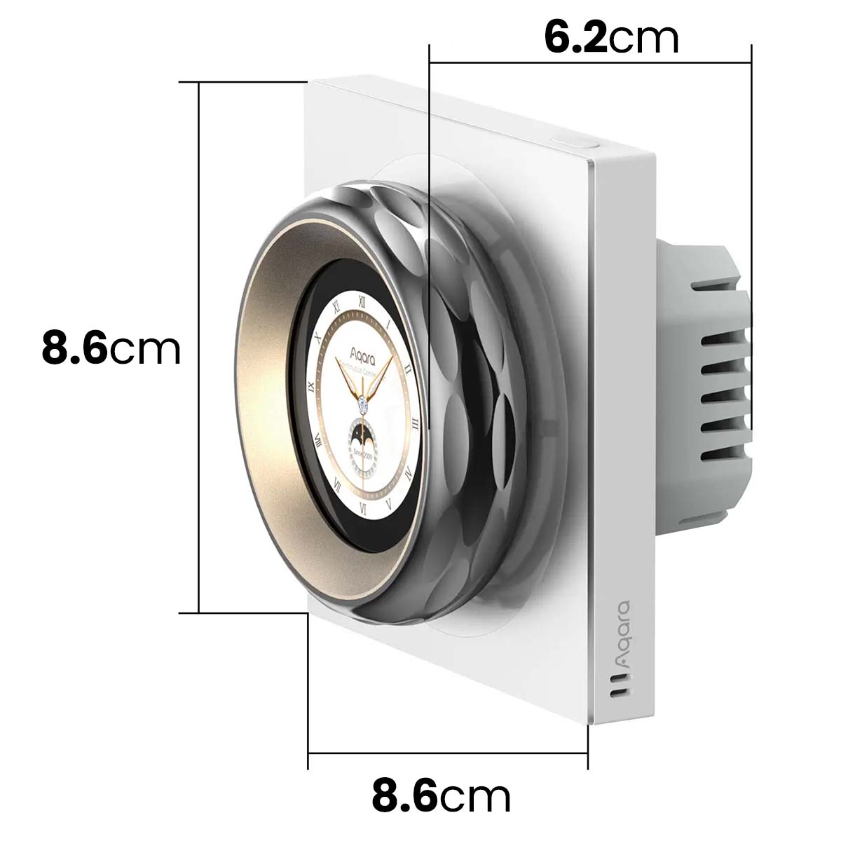 Panel sterowania inteligentnym domem. Ma okrągłą tarczę w kwadratowej ramce. Wymiary: 8,6 cm x 8,6 cm i 6,2 cm.