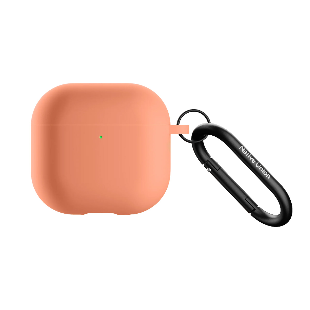 Custodia per AirPods color pesca con moschettone nero. La custodia ha una luce verde. Sul moschettone c'è scritto 'Native Union'.