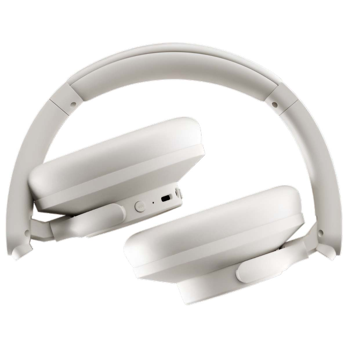 Białe, złożone słuchawki na białym tle. Słuchawki są nowoczesne, z nausznymi muszlami i wyściełanym pałąkiem.