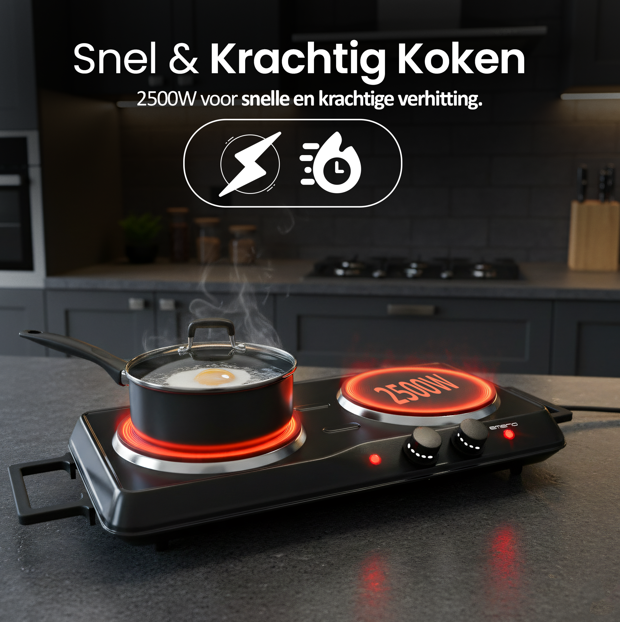 A black portable stove with a pot cooking an egg. The stove top is glowing red, and has a 2500W label.