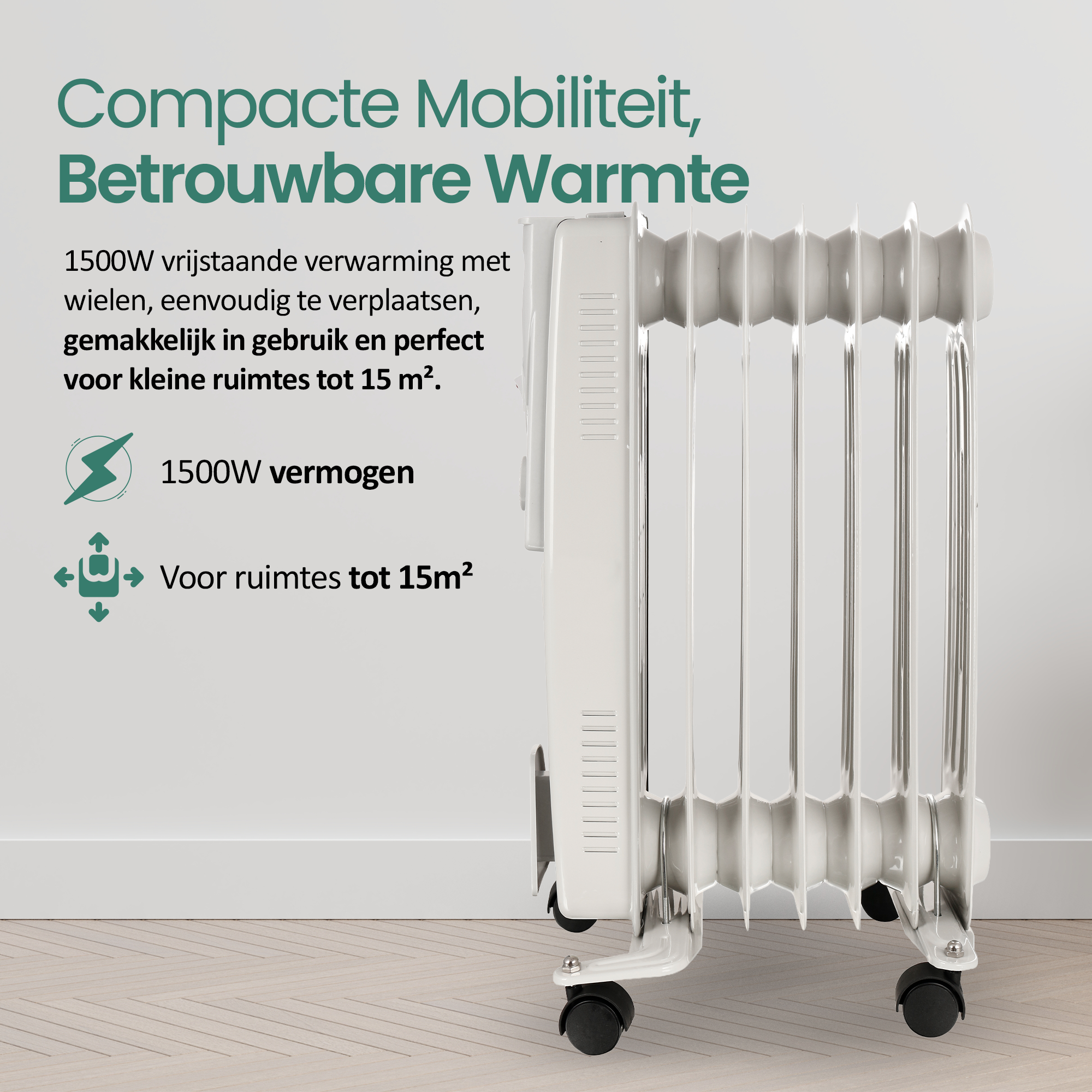 Ein weißer Ölradiator auf Rädern. Text auf Niederländisch: kompakte Mobilität, zuverlässige Wärme.