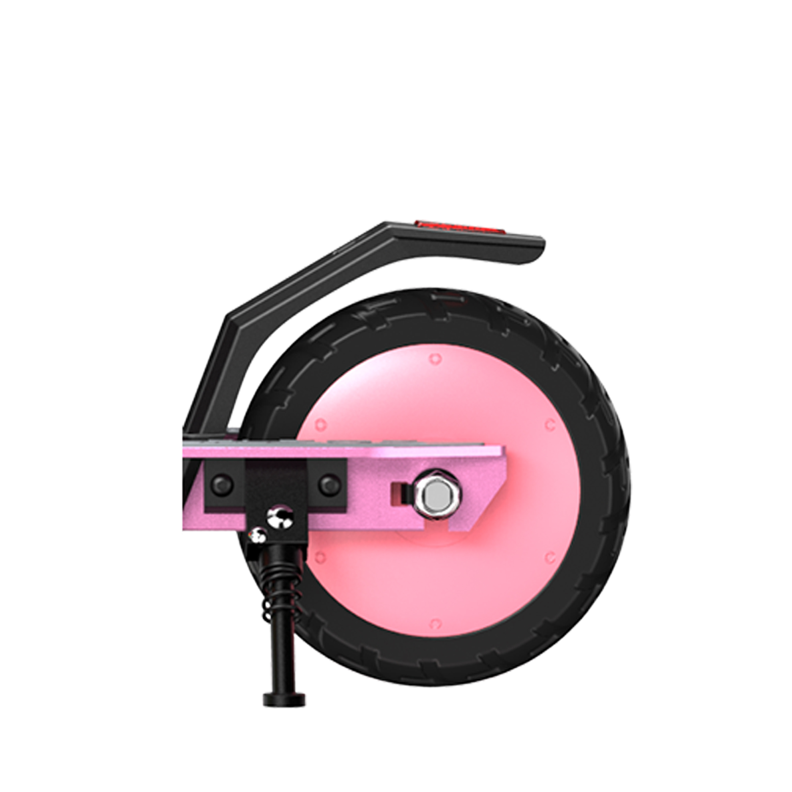 Rosa Rollerrad mit schwarzem Reifen und Rahmen. Ein Ständer ist sichtbar. Der Hintergrund ist weiß.