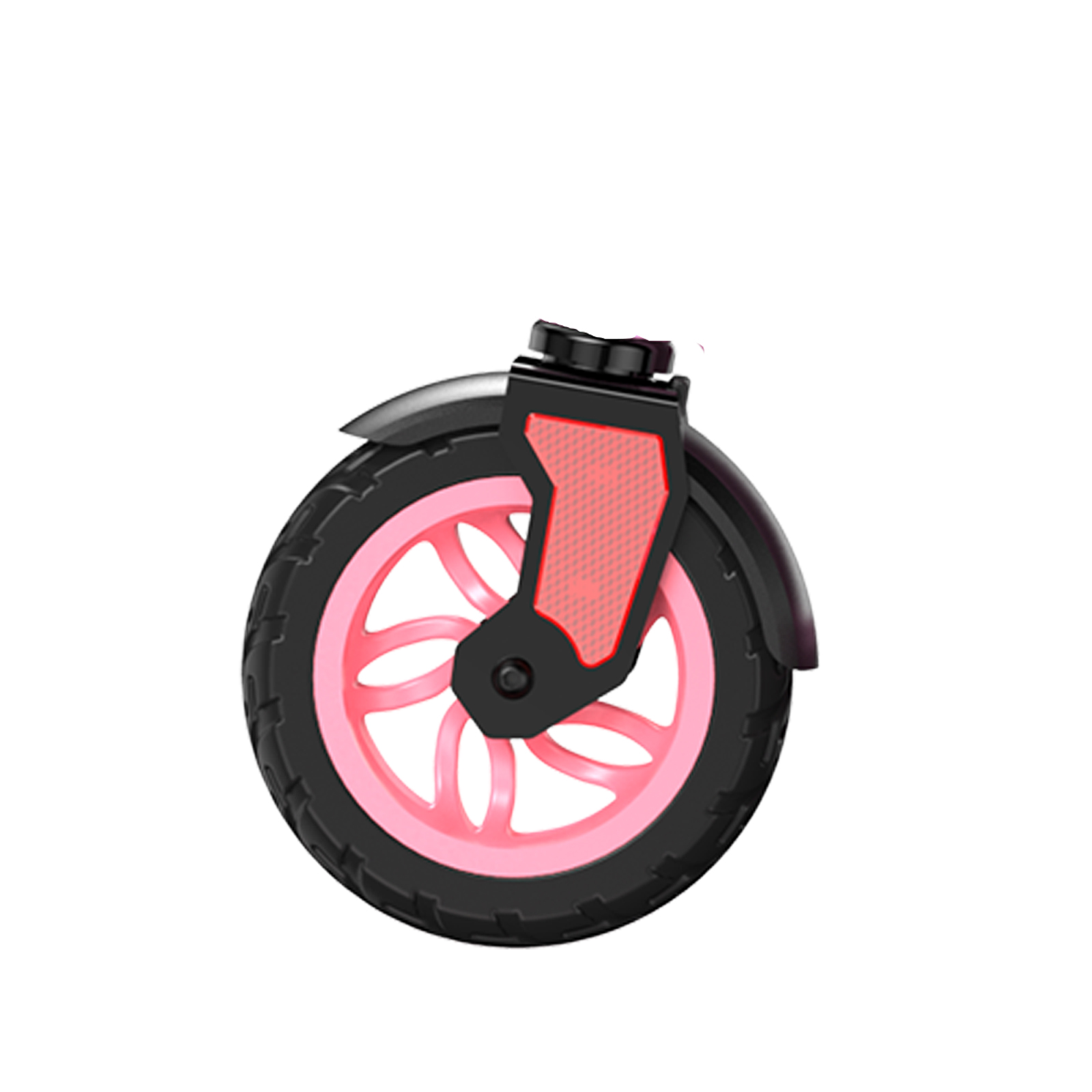 Nahaufnahme eines Rollerreifens. Er hat einen schwarzen Reifen, eine rosa Felge und einen schwarzen Kotflügel mit roter Reflektorplatte.
