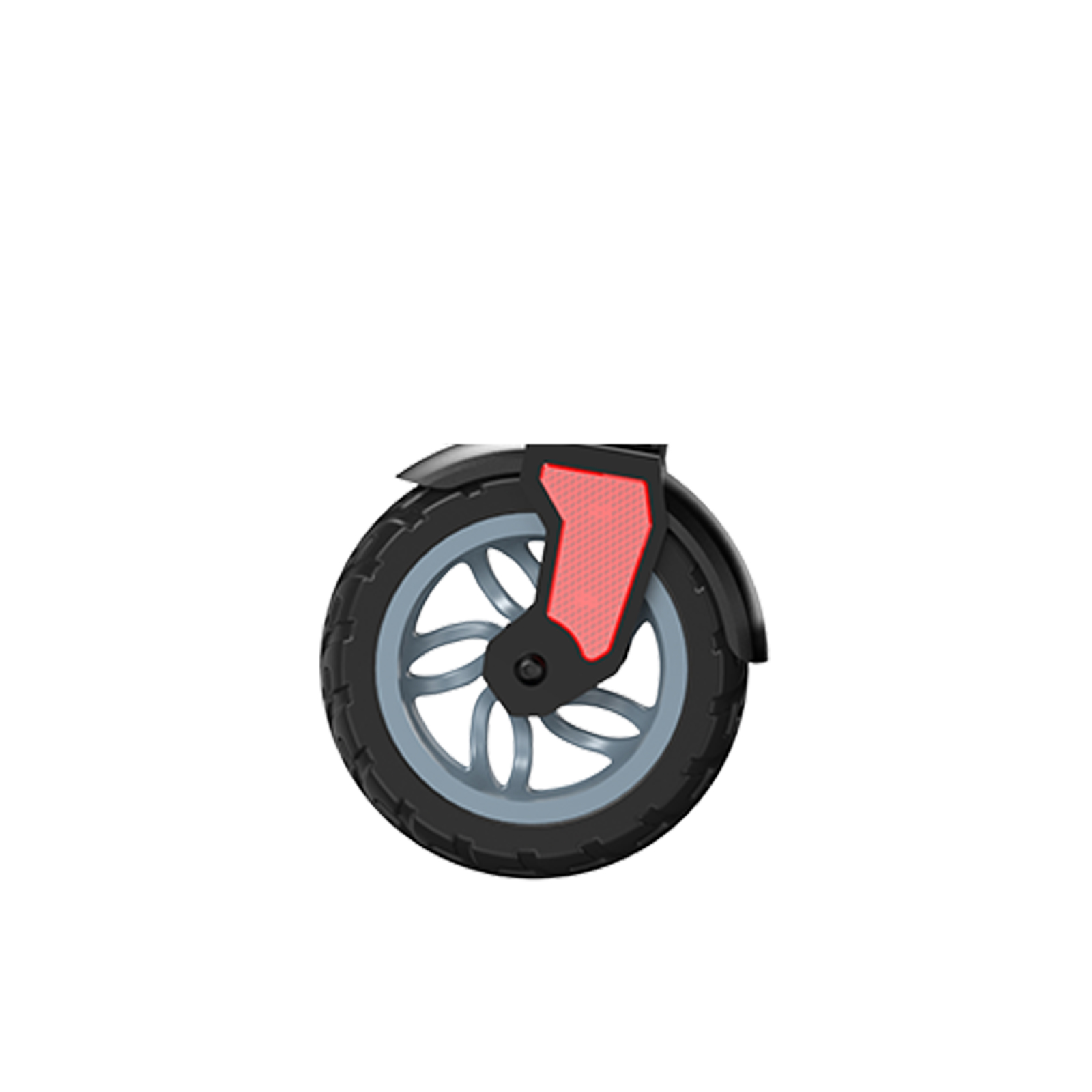 Nahaufnahme eines Rollerreifens mit schwarzem Reifen, grauem Felgen und rotem Reflektor am Kotflügel.
