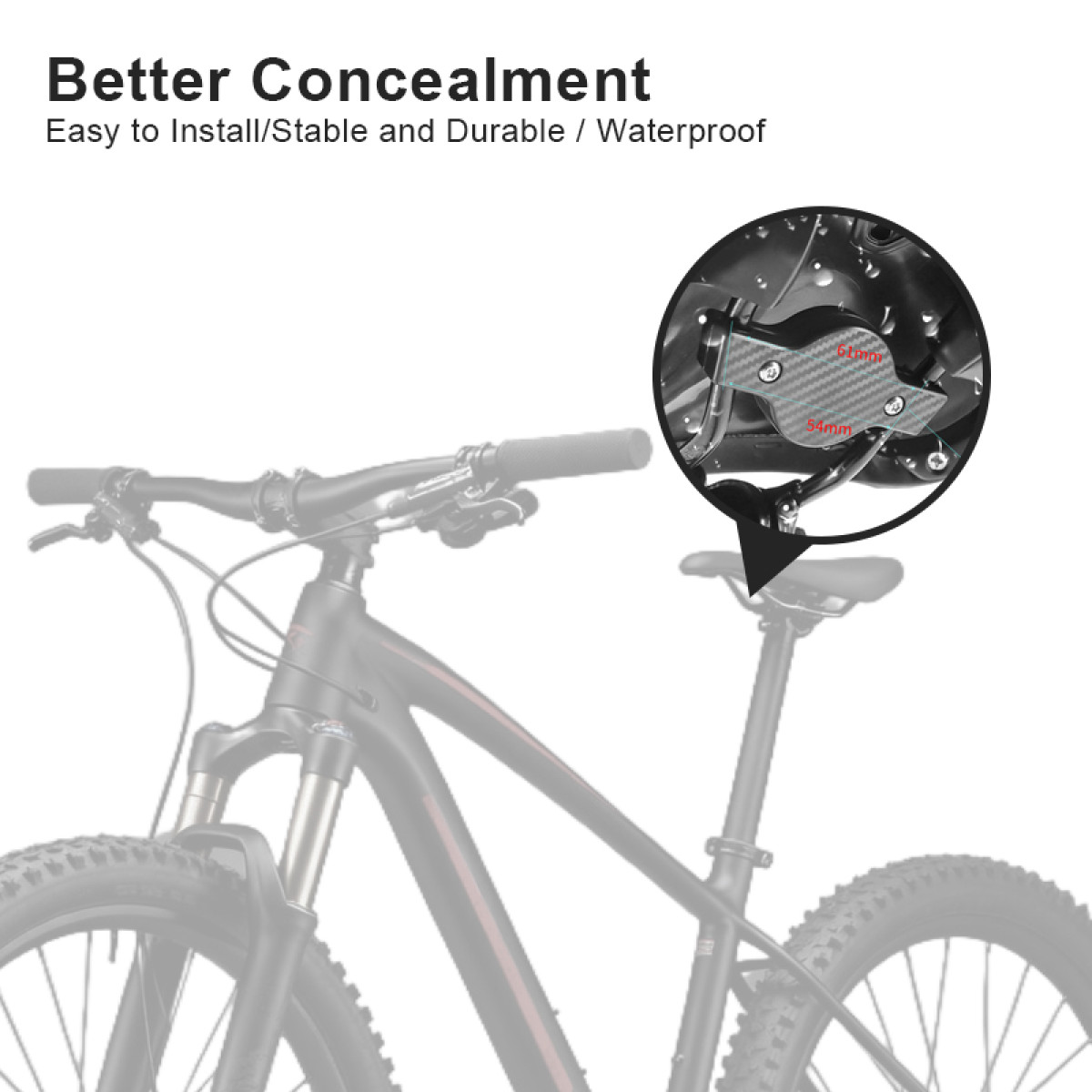 Rower ze zbliżeniem części z wymiarami 61 mm i 54 mm. Tekst mówi: Lepsze ukrycie, łatwy w instalacji.