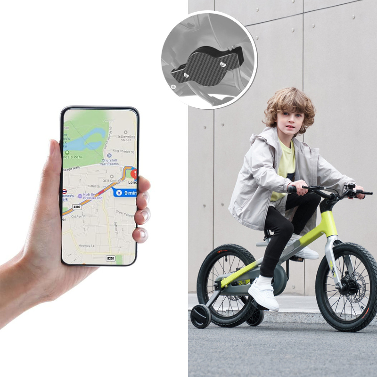 Dziecko jeździ na rowerze, telefon pokazuje mapę. Pokazano czarną część z włókna węglowego. Rower jest żółto-czarny.