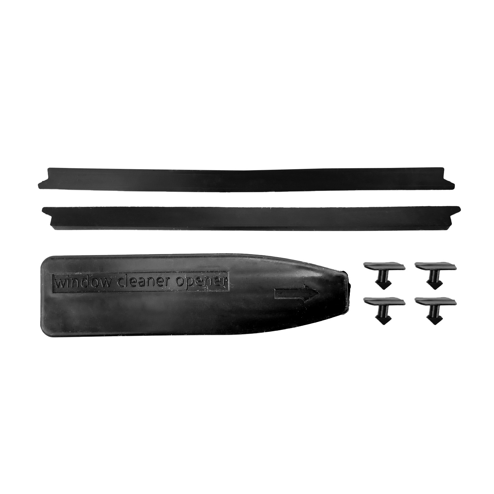 Pièces de nettoyeur de vitres noires : deux bandes, une tête de nettoyage et quatre petits clips, le tout sur fond blanc.
