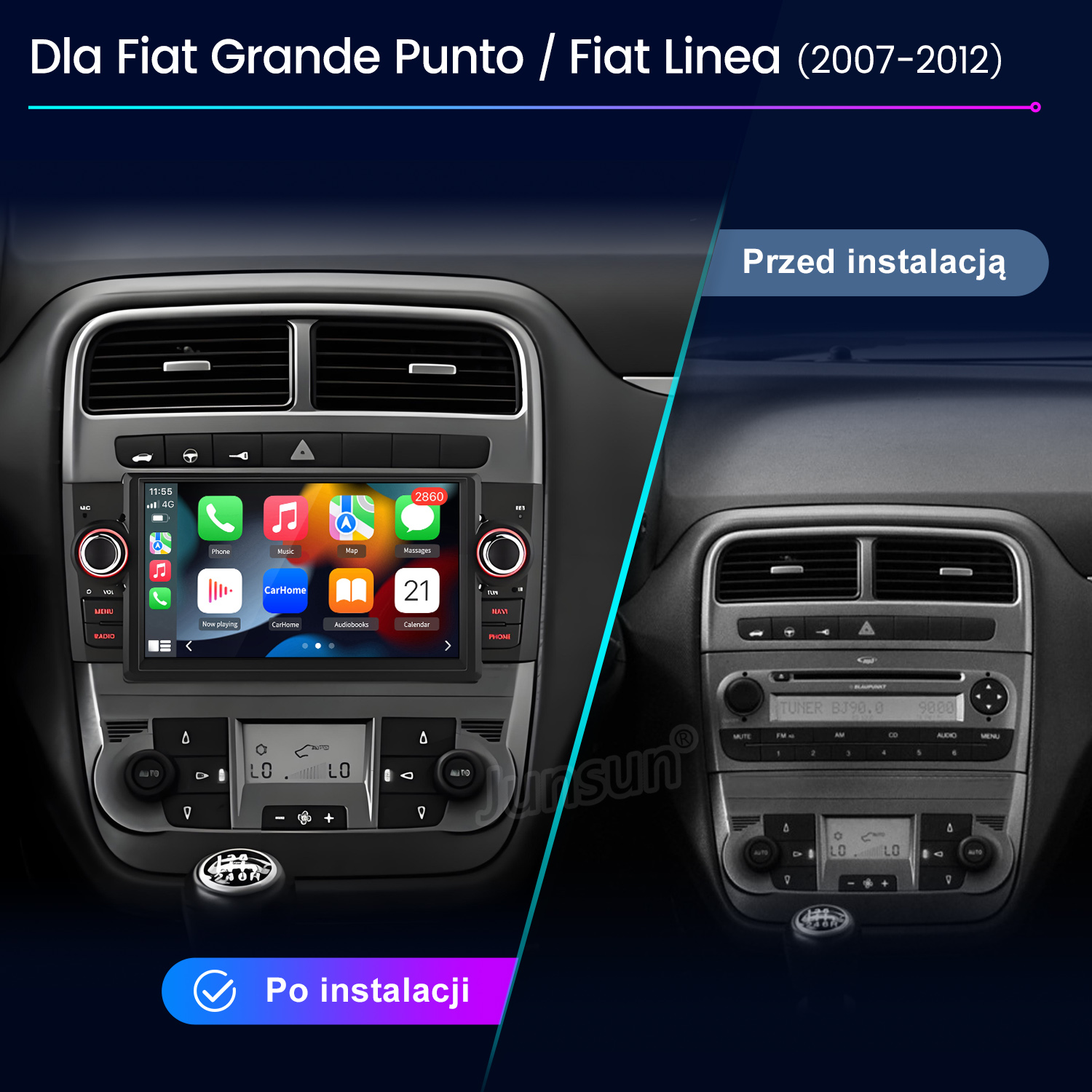 Porównanie deski rozdzielczej: stare radio po prawej, nowy ekran dotykowy po lewej, z aplikacjami telefonu.