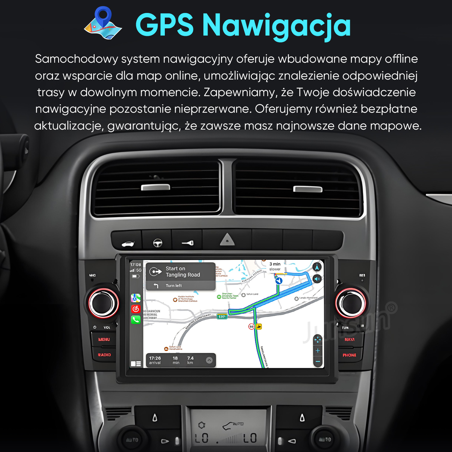 System nawigacji samochodowej z mapą na ekranie pokazującą wskazówki dotyczące trasy. Deska rozdzielcza z przyciskami i ekranem.