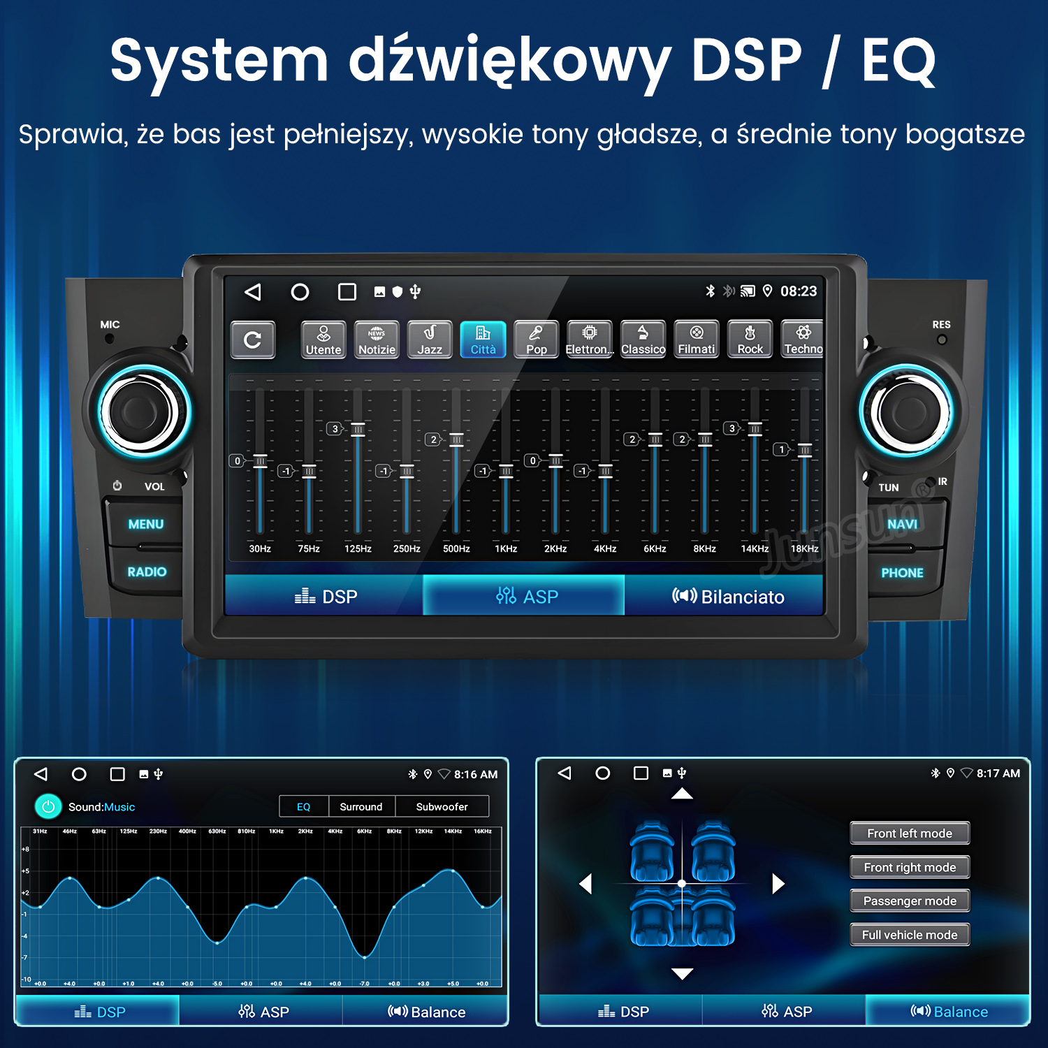 System audio w samochodzie z korektorem, ustawieniami dźwięku i wieloma opcjami sterowania na ekranie dotykowym.