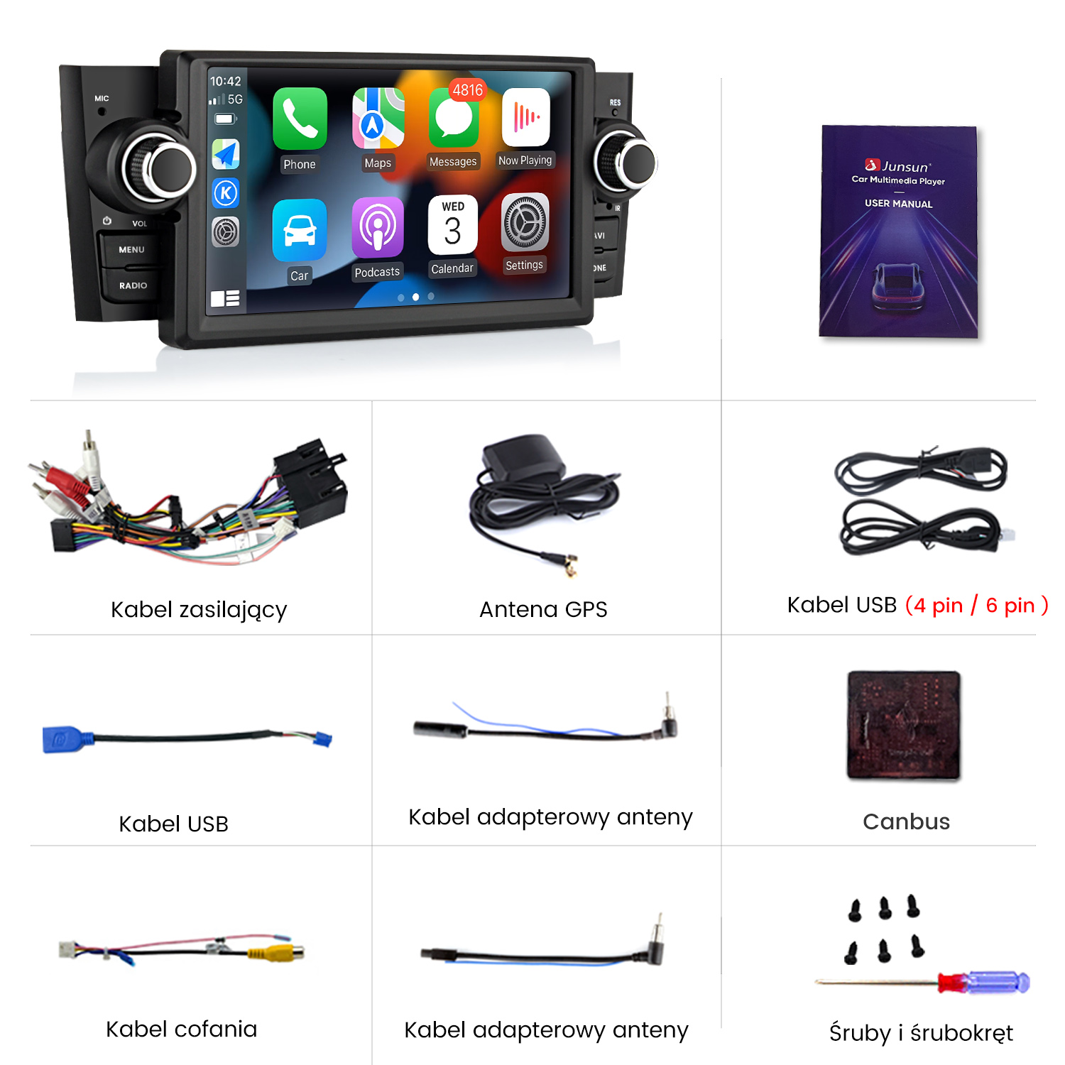 Odtwarzacz multimedialny do samochodu z kablami, anteną GPS i instrukcją obsługi. Ekran pokazuje ikony aplikacji. Wyświetlane są różne kable i narzędzia.