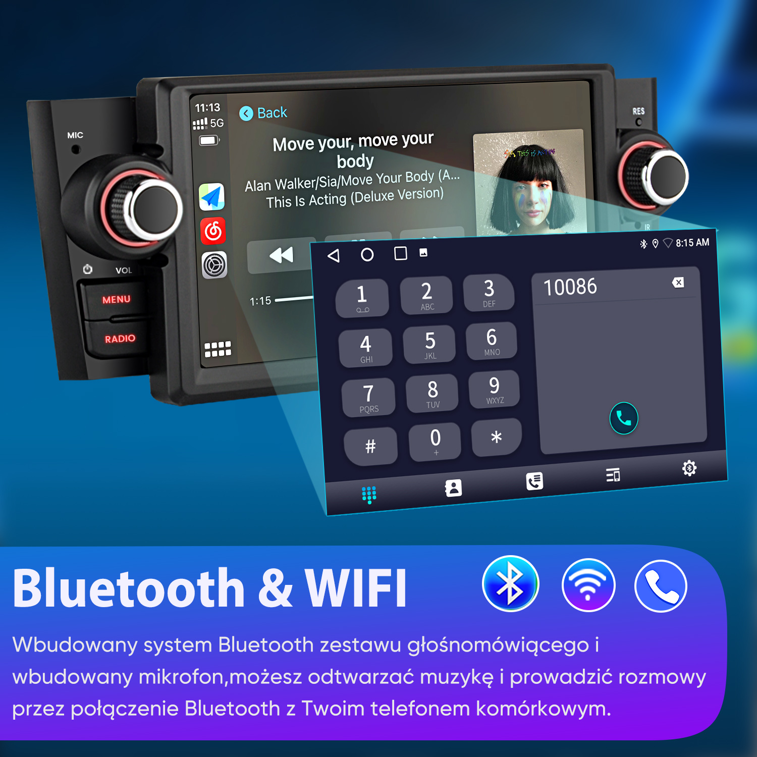 Radio samochodowe z ekranem dotykowym wyświetlającym dialer telefoniczny i elementy sterowania odtwarzaczem muzyki. Wyróżniono funkcje Bluetooth i Wi-Fi.