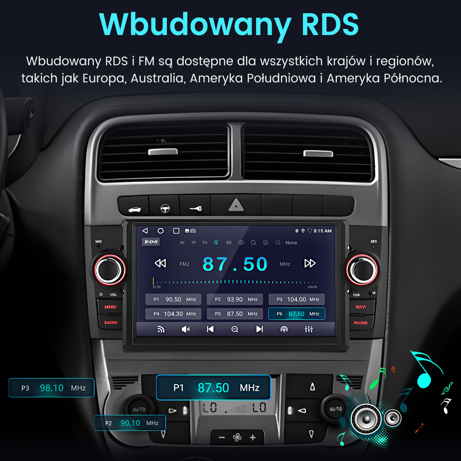 Radio samochodowe z ekranem wyświetlającym 87,50 MHz, otoczone przyciskami i elementami sterującymi, w desce rozdzielczej.