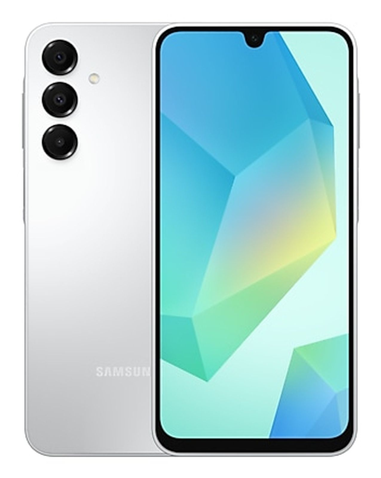 Uno smartphone Samsung bianco. Ha uno schermo con design geometrico e tre fotocamere.