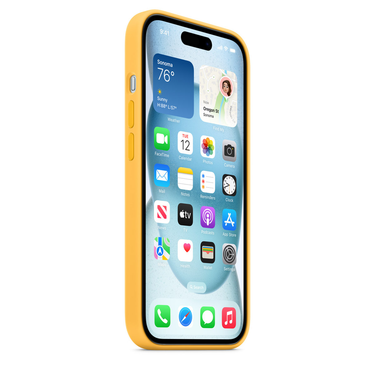 Een gele iPhone in een gele hoes toont het startscherm met app-iconen en widgets, met de tijd, het weer en de agenda.