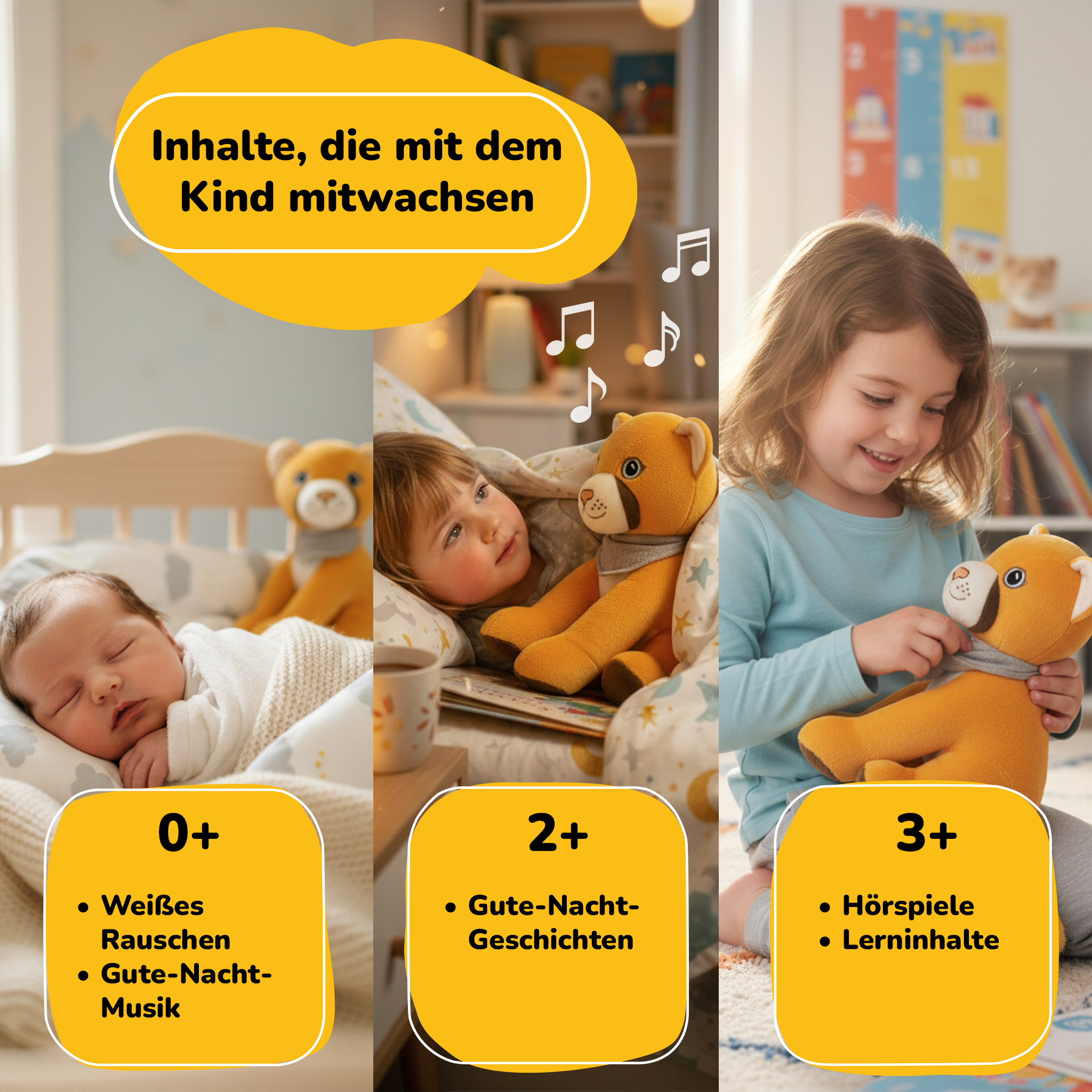 Das Bild zeigt ein Neugeborenes, ein lesendes Mädchen und ein Mädchen, das mit einem Stofftier spielt. Enthält Text: 0+, 2+, 3+.