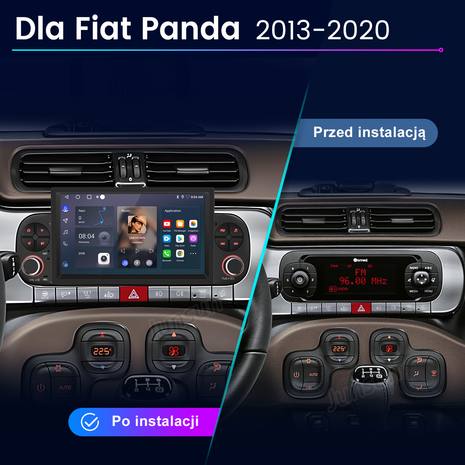 Wnętrze samochodu z zainstalowanym ekranem i oryginalnym radiem. Pokazuje przed i po instalacji Fiata Panda.