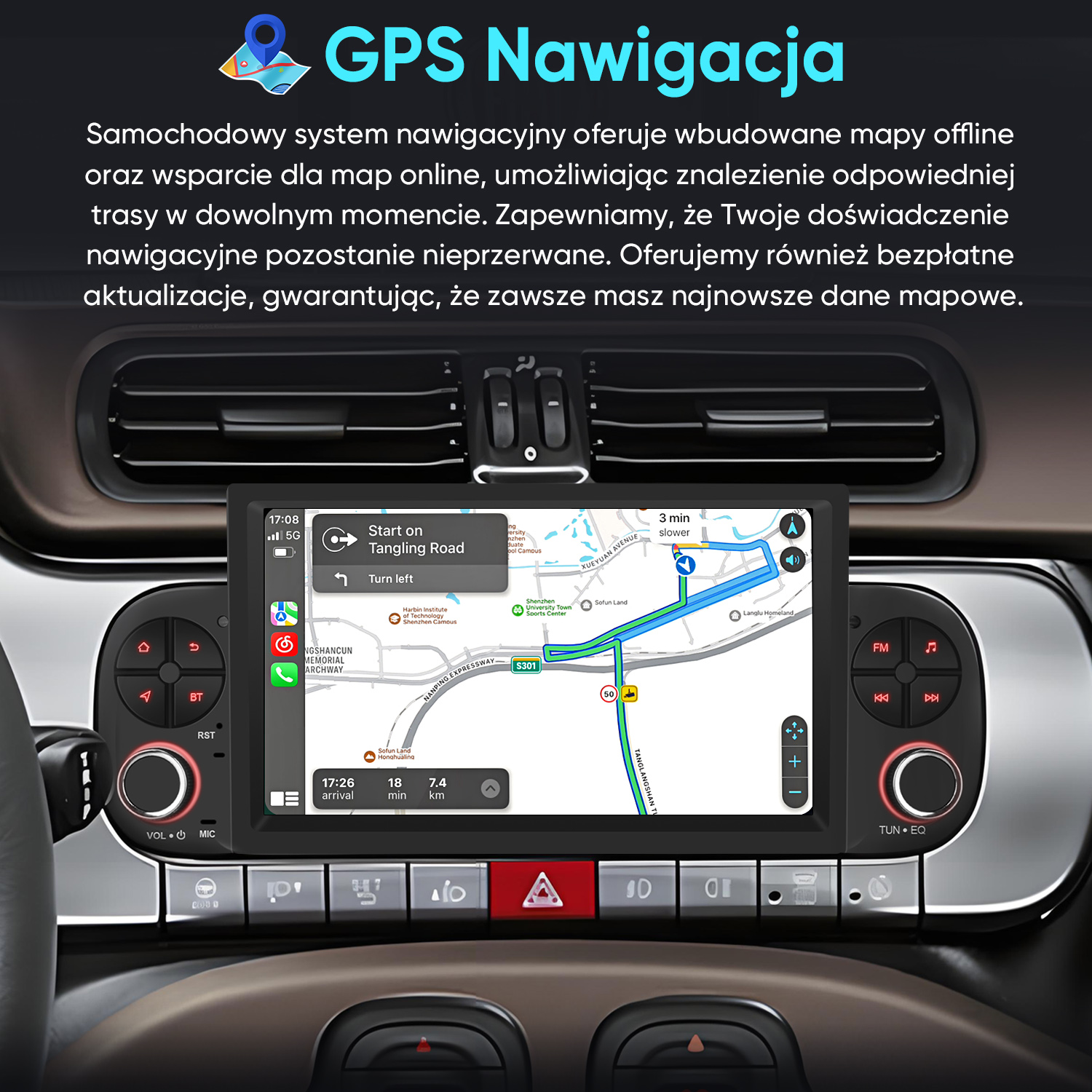 Ekran samochodowego systemu nawigacji wyświetlający mapę z kierunkami. Widoczne przyciski i elementy sterujące.