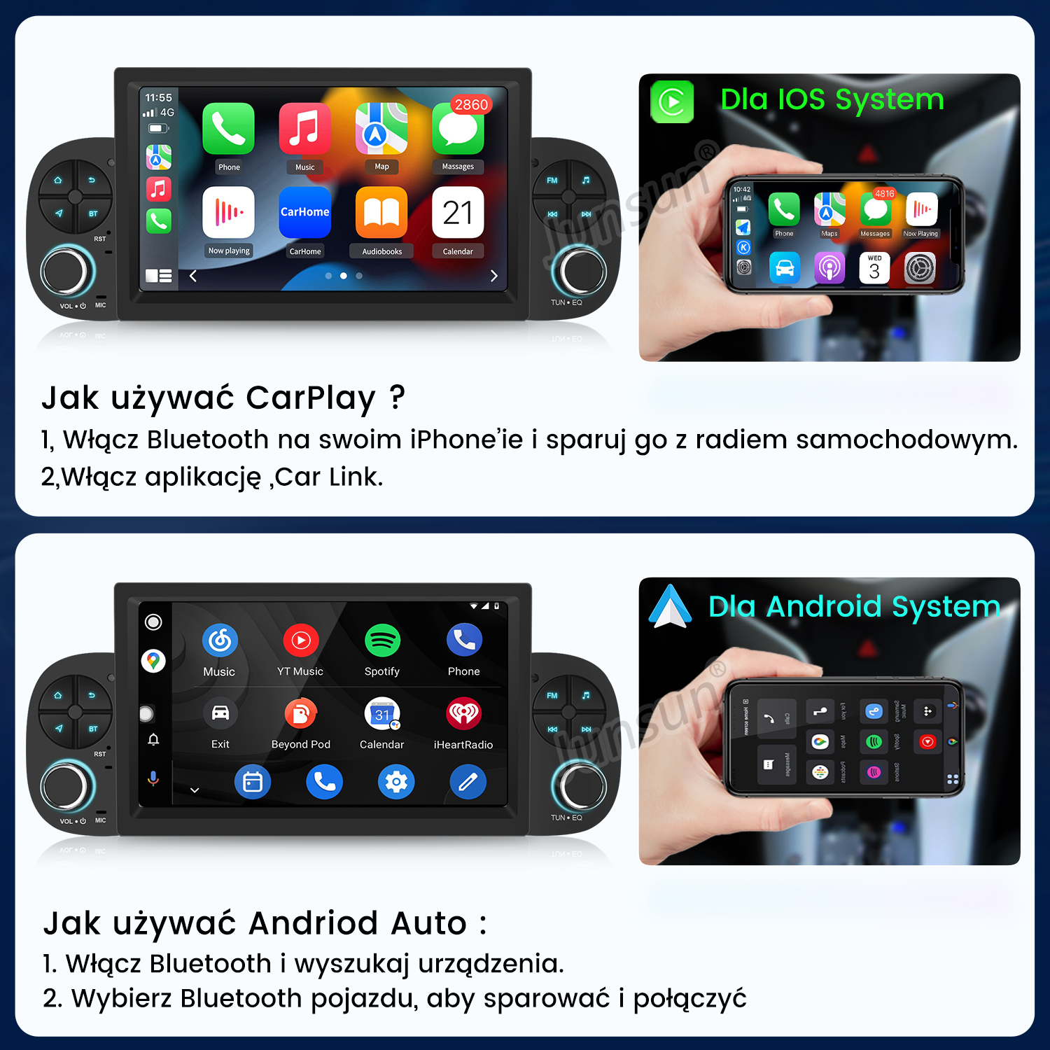 System stereo samochodowy z instrukcjami iOS i Android, pokazujący ekrany aplikacji i kroki połączenia.