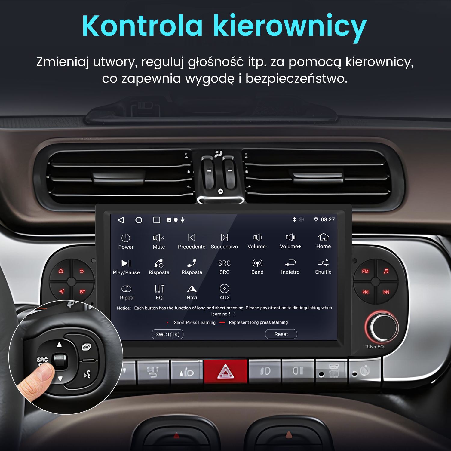 Deska rozdzielcza samochodu z systemem multimedialnym. Ręka naciska przycisk na kierownicy. Sterowanie radiem i audio.