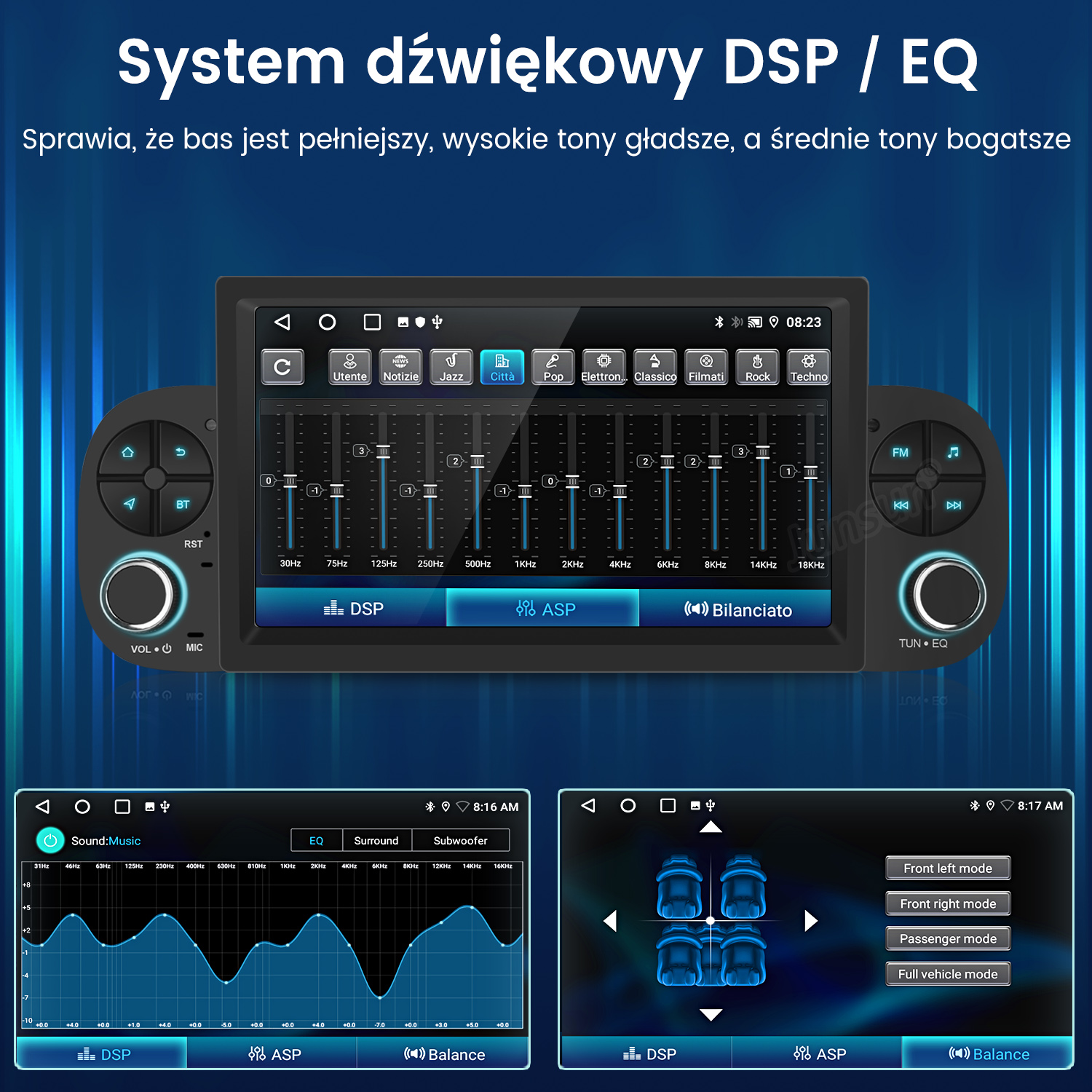 Interfejs samochodowego systemu audio. Wyświetla ustawienia korektora, tryby dźwięku i opcje sterowania. Posiada ekran dotykowy.