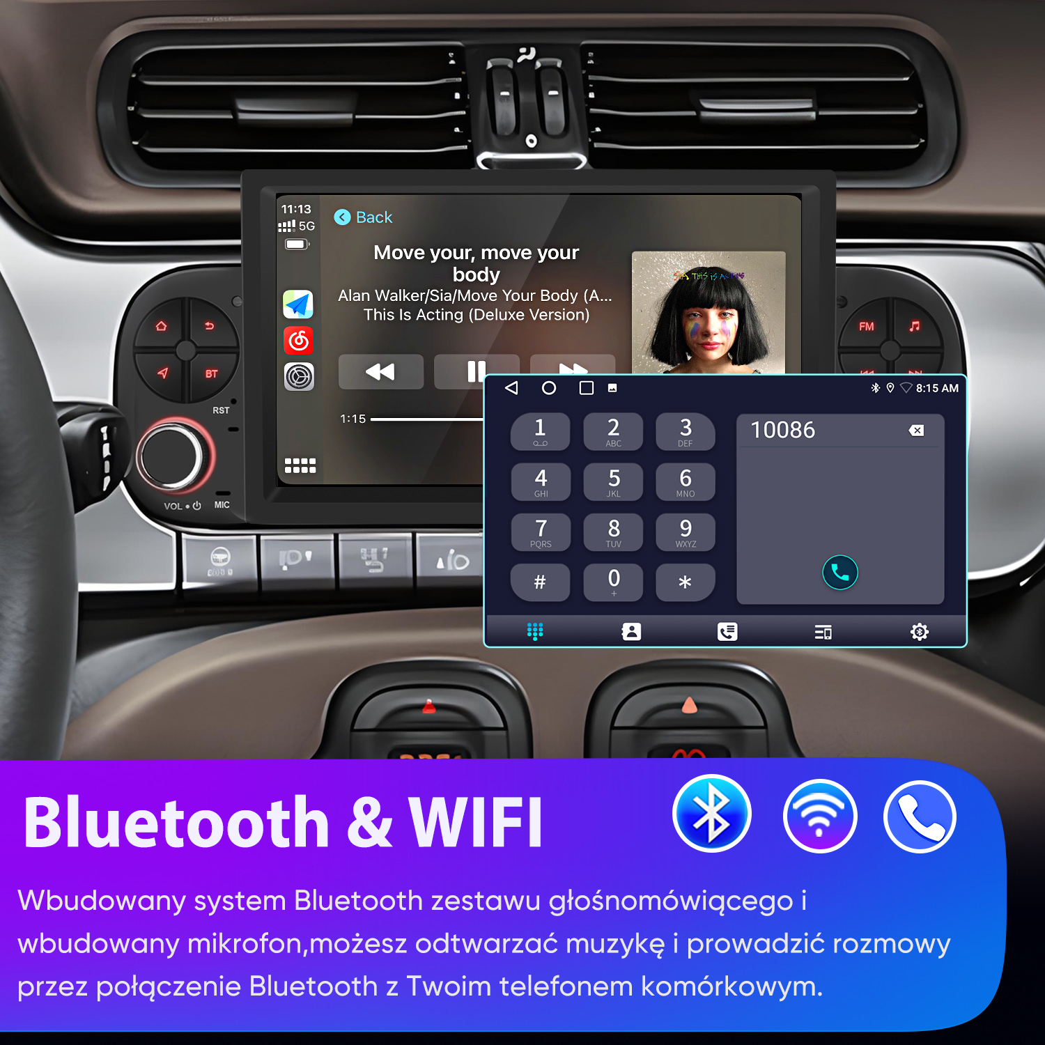 Deska rozdzielcza samochodu z interfejsem połączeń, odtwarzaczem muzyki i ikonami Bluetooth/WiFi. Tekst: Bluetooth & WIFI.