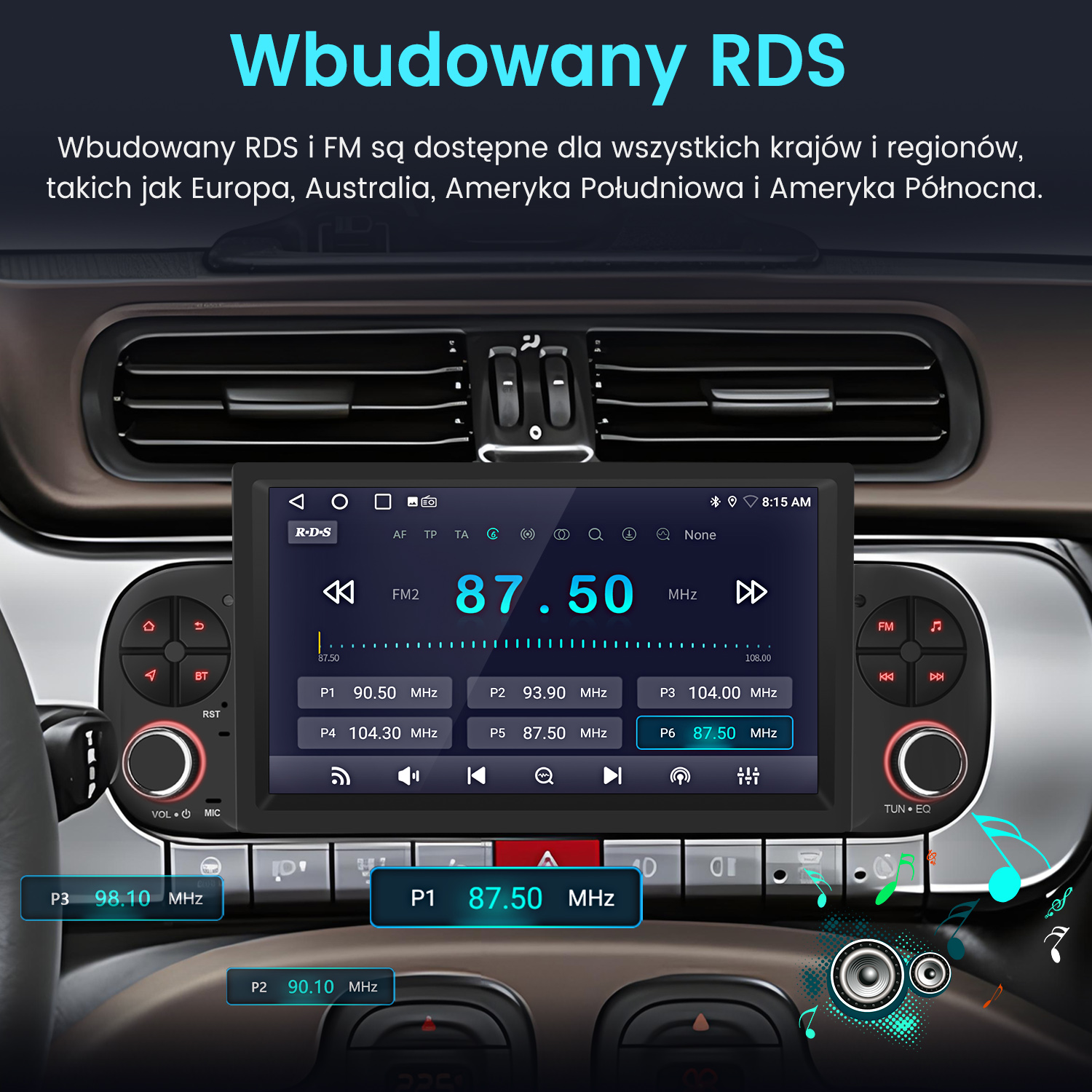 Ekran radia samochodowego wyświetlający częstotliwość FM 87,50 MHz. Widoczne przyciski BT, RST, głośności i strojenia.