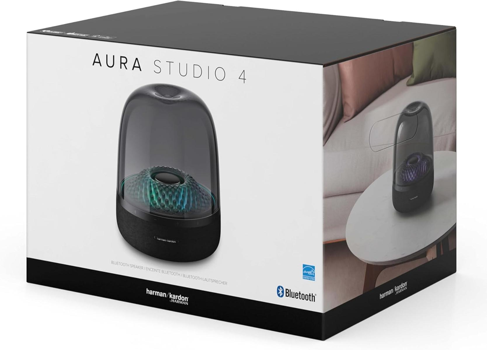 Eine Schachtel mit einem Lautsprecher darin. Der Lautsprecher ist schwarz und transparent. Der Markenname ist Harman Kardon.