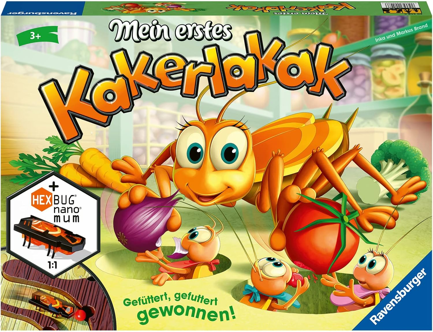 Eine Spielbox mit einer Cartoon-Kakerlake, Gemüse und den Worten 'Mein erstes Kakerlakak'.