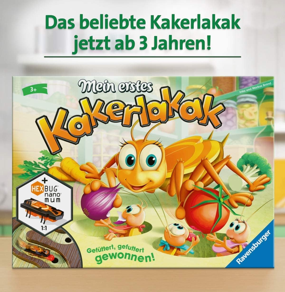 Eine Spielbox mit einer Cartoon-Kakerlake und Essensgegenständen. Das Spiel heißt 'Kakerlakak' und ist für Kinder ab 3 Jahren.