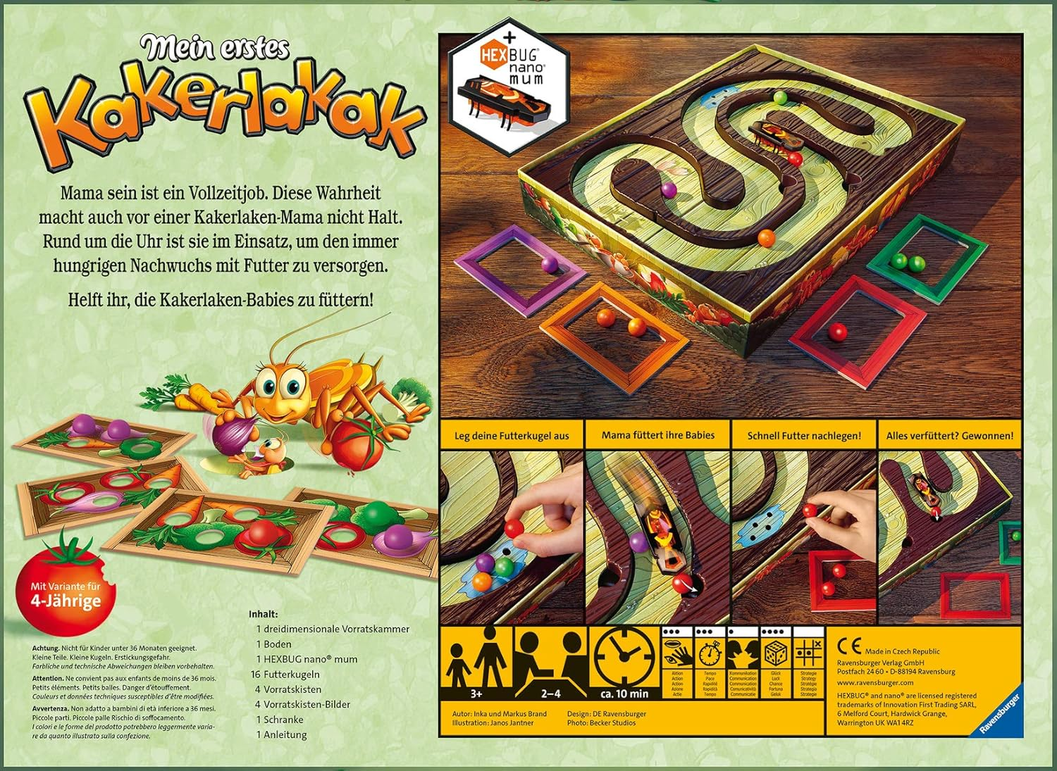 Brettspiel mit Kakerlaken-Thema. Buntes Spielbrett, Spielsteine und Box-Art. Enthält ein Labyrinth und Spielanweisungen.