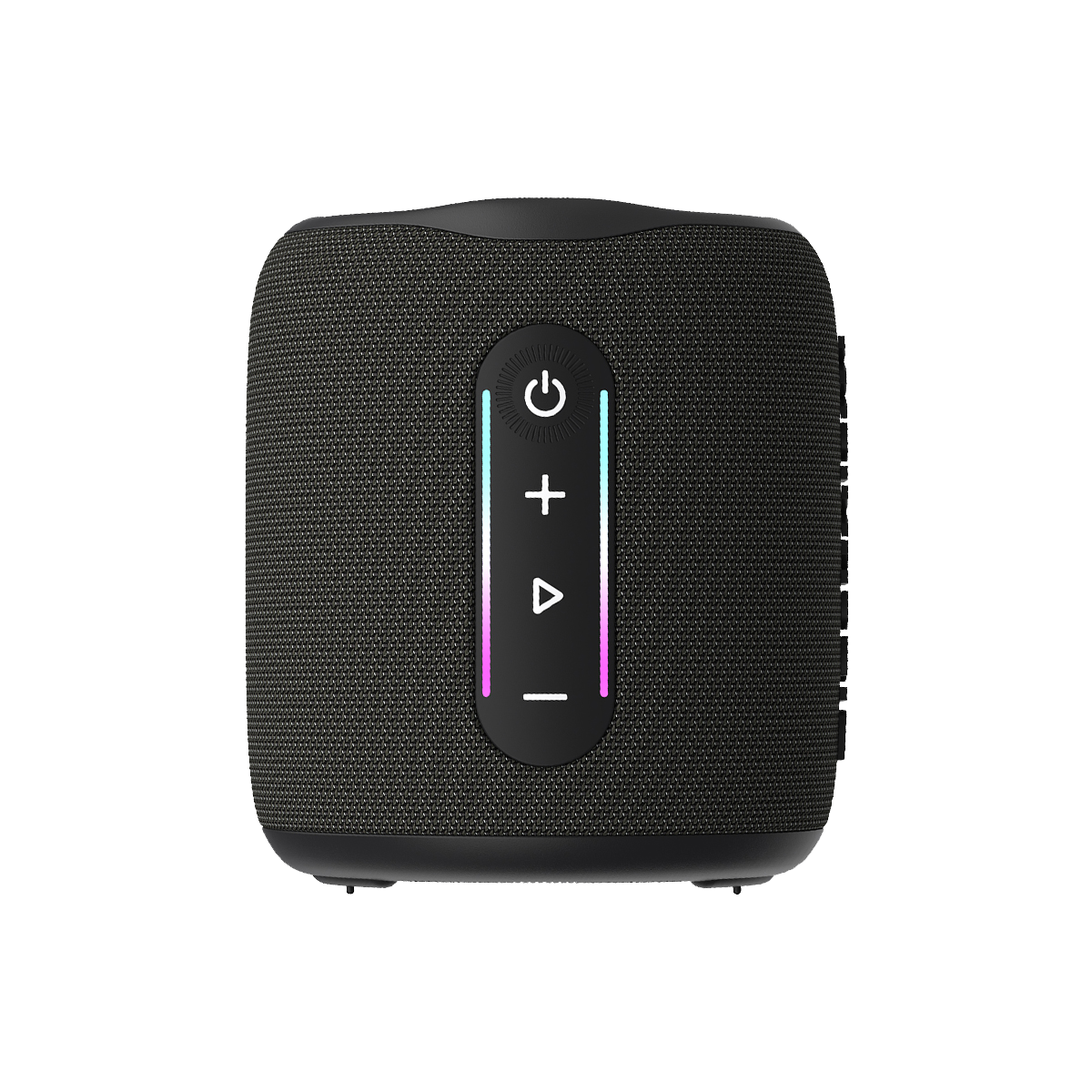 A black speaker with control buttons on a white background. Buttons include power, plus, minus, and play.