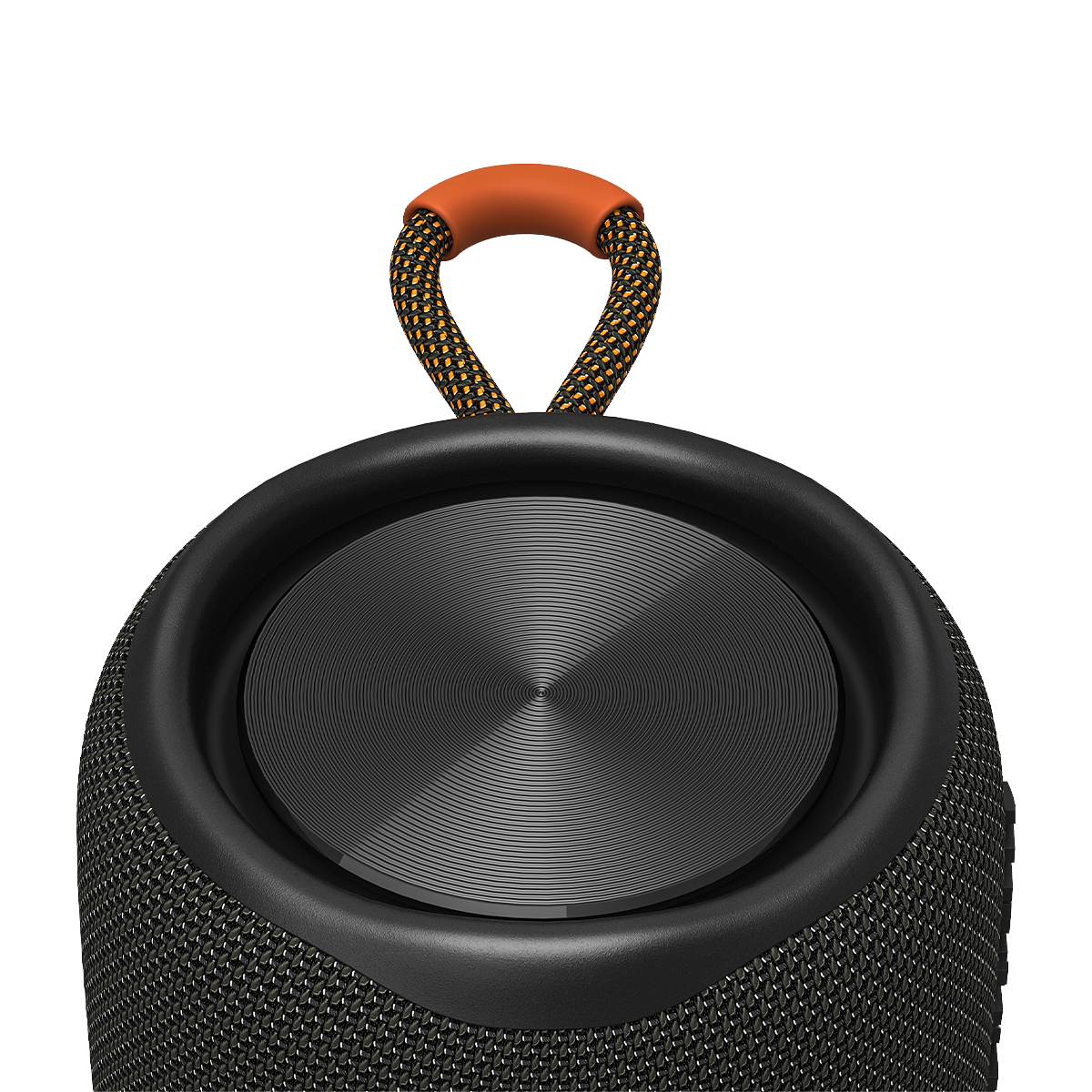 Close-up of a black speaker with a textured surface, a black and orange handle, and a black speaker grill.