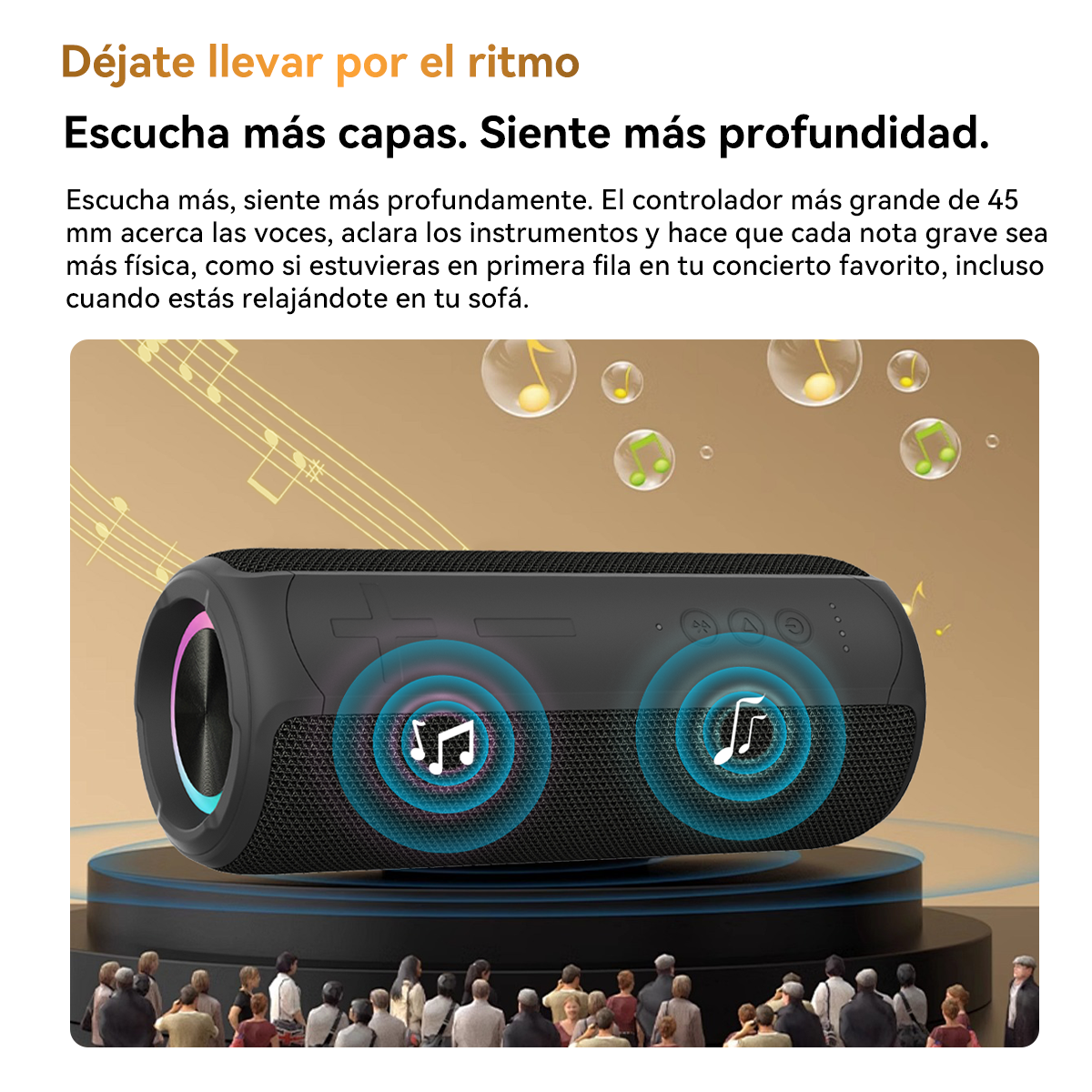 Un altavoz negro sobre un soporte con notas musicales. Personas en primer plano y burbujas flotando en el fondo.