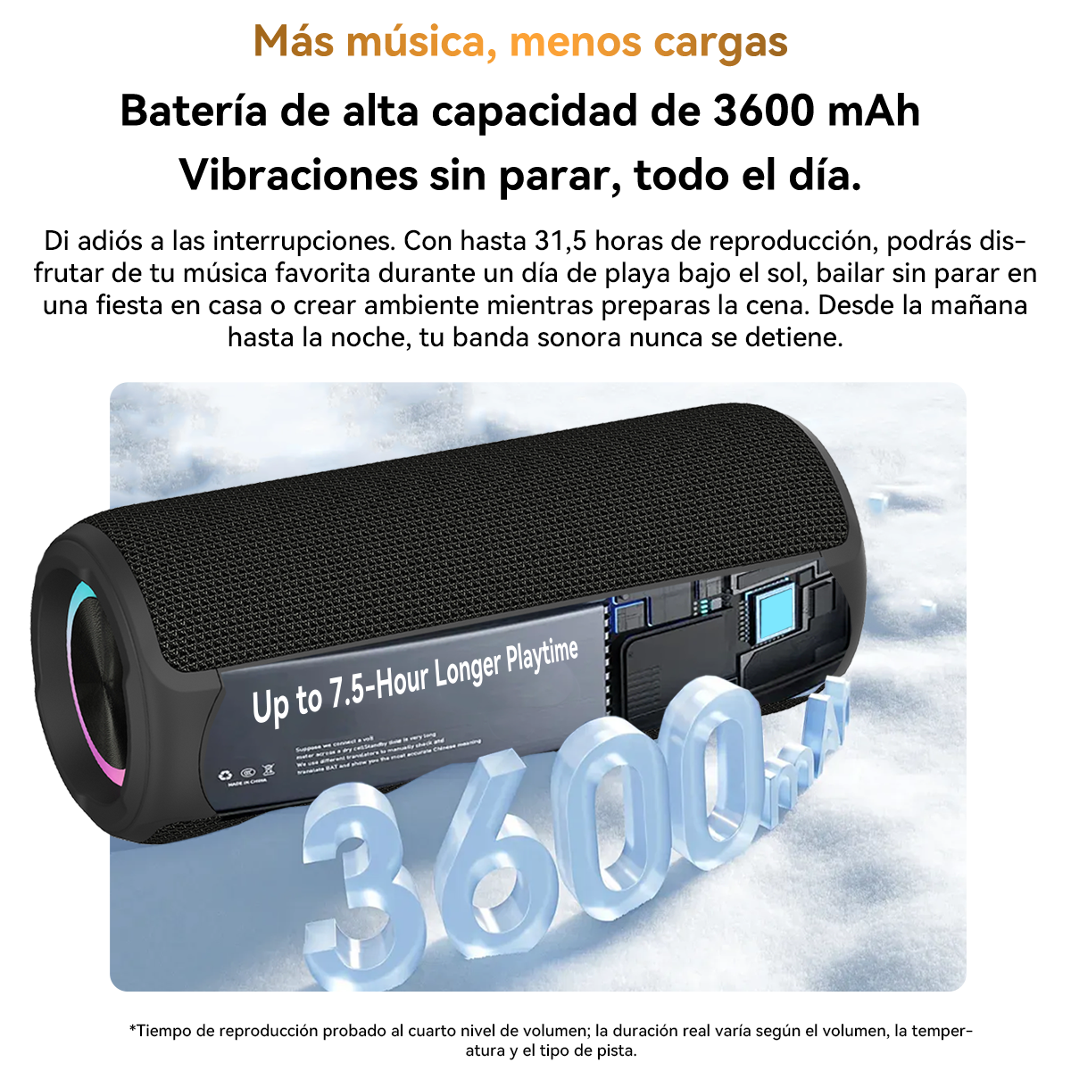 Un altavoz negro con el texto 'Up to 7.5-Hour Longer Playtime' y '3600'. Texto en español en el fondo.