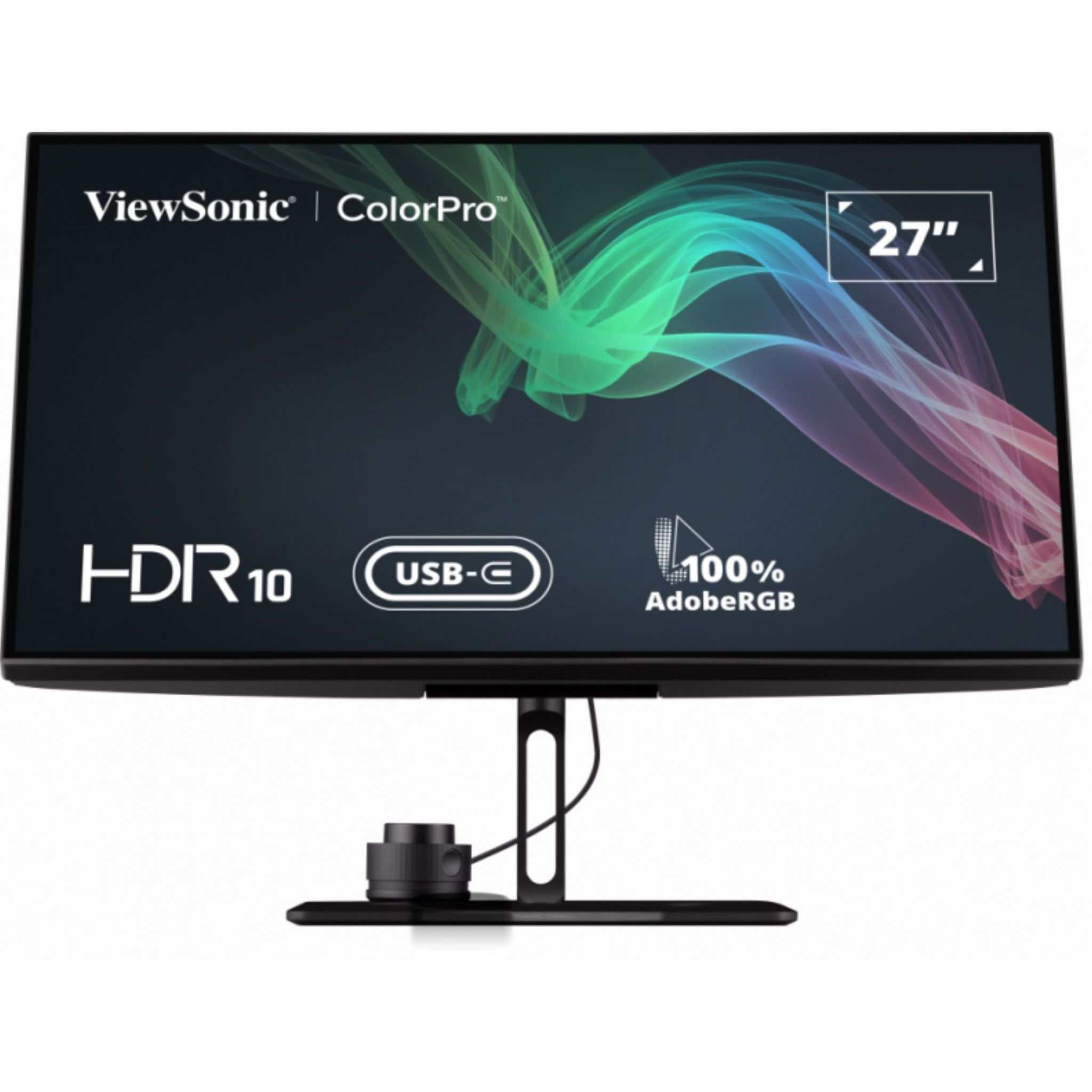 ViewSonic 27-Zoll-Monitor. Er hat HDR10, USB-C und 100 % AdobeRGB. Der Bildschirm zeigt bunte, abstrakte Formen.