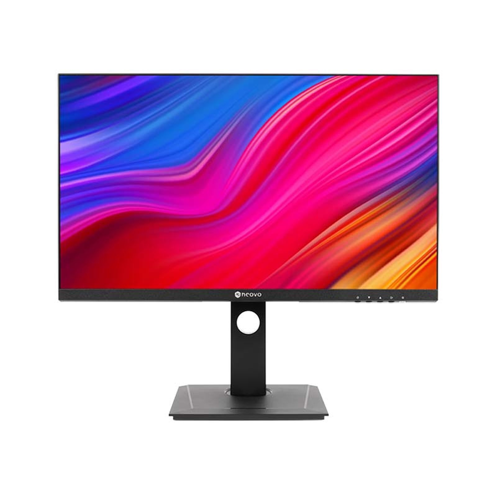 Un monitor per computer con display colorato e supporto nero. Lo schermo mostra onde di colore astratte.