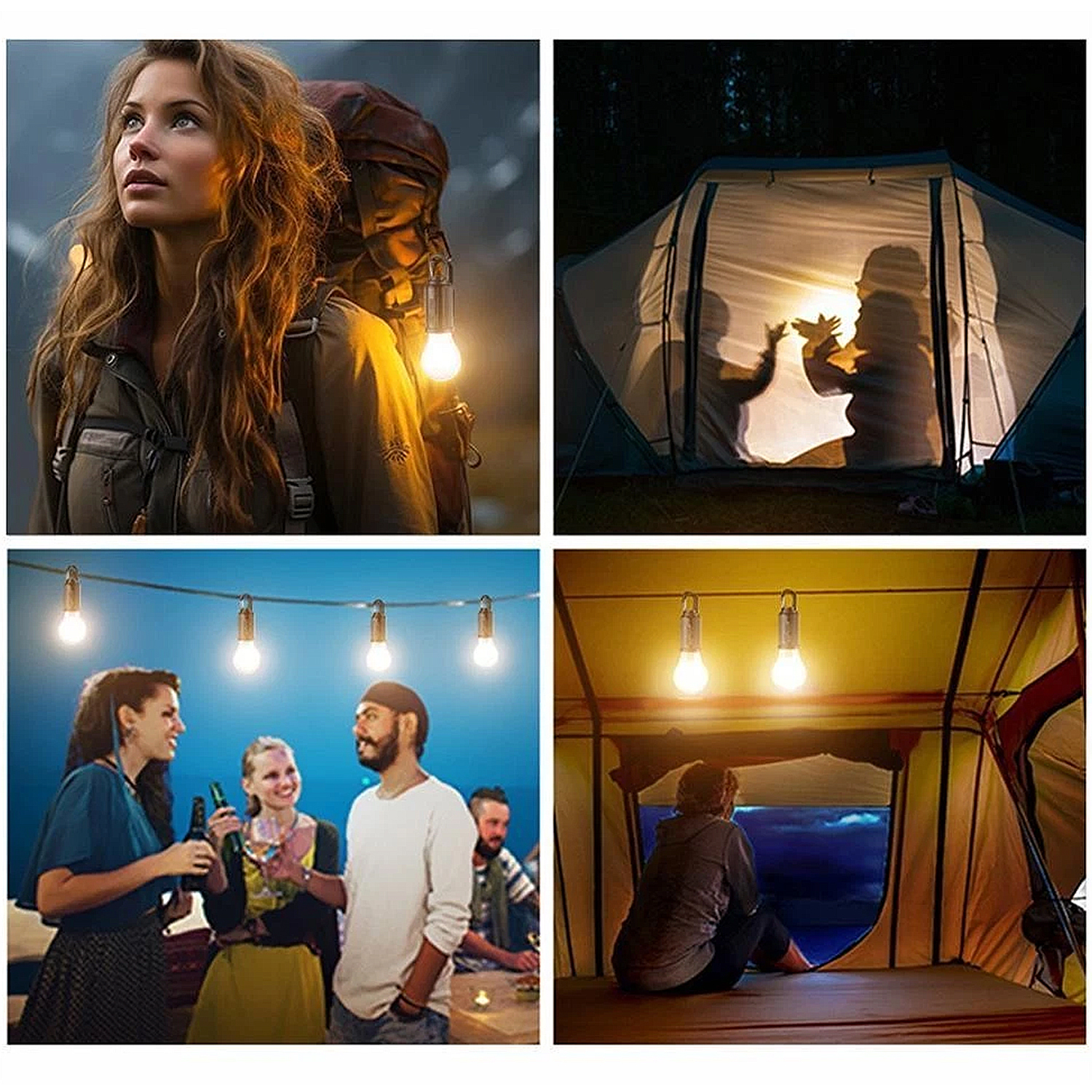 Una donna con uno zaino e una luce guarda in alto. Due persone in una tenda giocano con le ombre. Persone che bevono sotto le luci. Una persona accanto alla finestra della tenda.