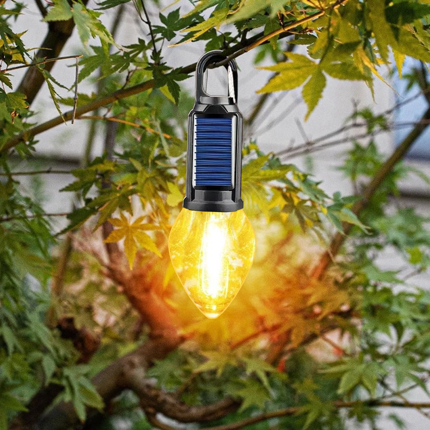 Una lanterna a lampadina luminosa è appesa a un ramo circondata da foglie verdi. La luce è giallo brillante.