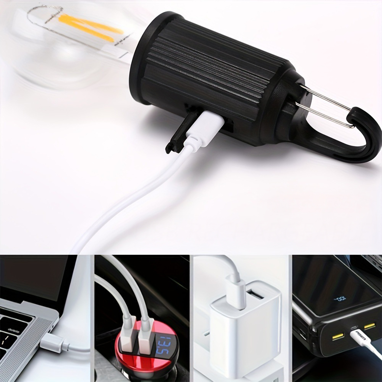 Torcia nera con lampadina, cavo bianco collegato. Le immagini in basso mostrano dispositivi di ricarica: laptop, adattatore per auto, caricabatterie da parete, power bank.