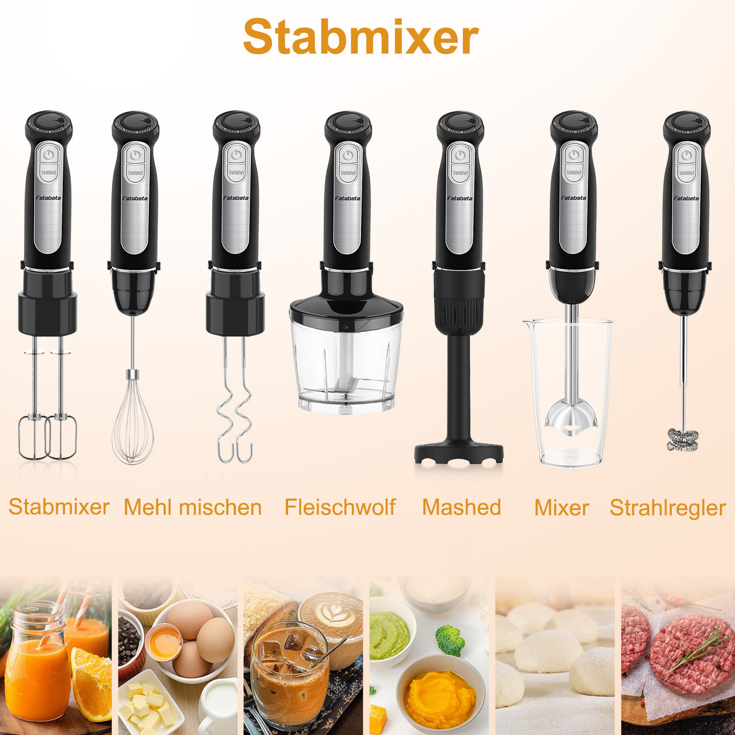 Das Bild zeigt sieben schwarze Handmixer mit verschiedenen Aufsätzen. Darunter sind Bilder von Lebensmitteln wie Saft, Eiern und Teig.