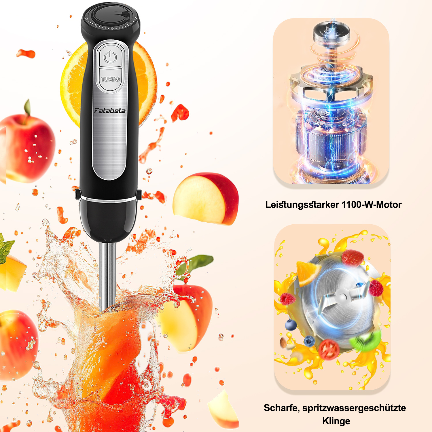 Ein schwarzer Fatabeta-Stabmixer, Orangenscheiben und Äpfel mit Wasserspritzern. Zeigt die Motor- und Klingendetails.