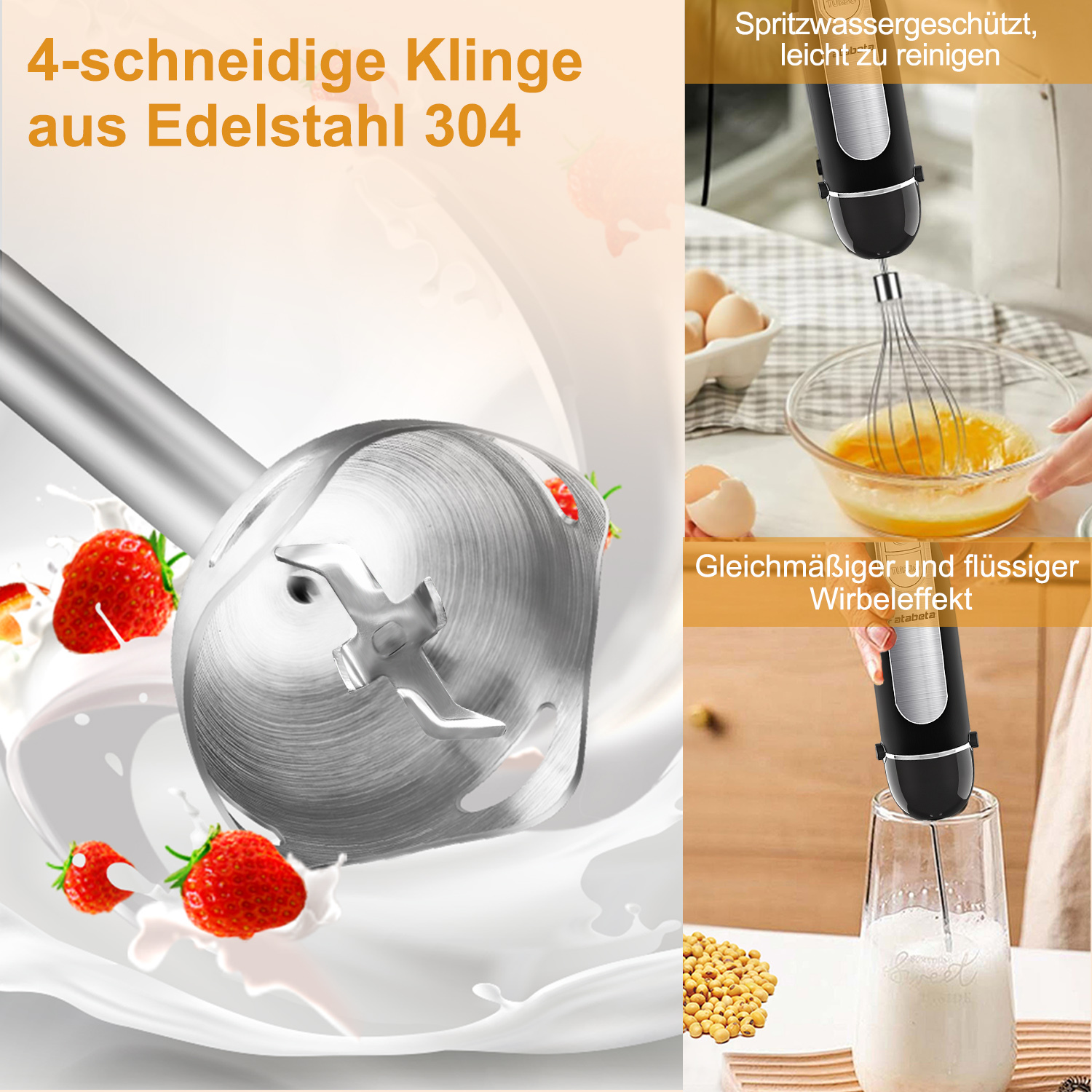 Ein Mixer mit Edelstahlklinge und Erdbeeren, Eiern und Sojabohnen. Er zeigt den Mixer in Gebrauch, mit Text auf Deutsch.