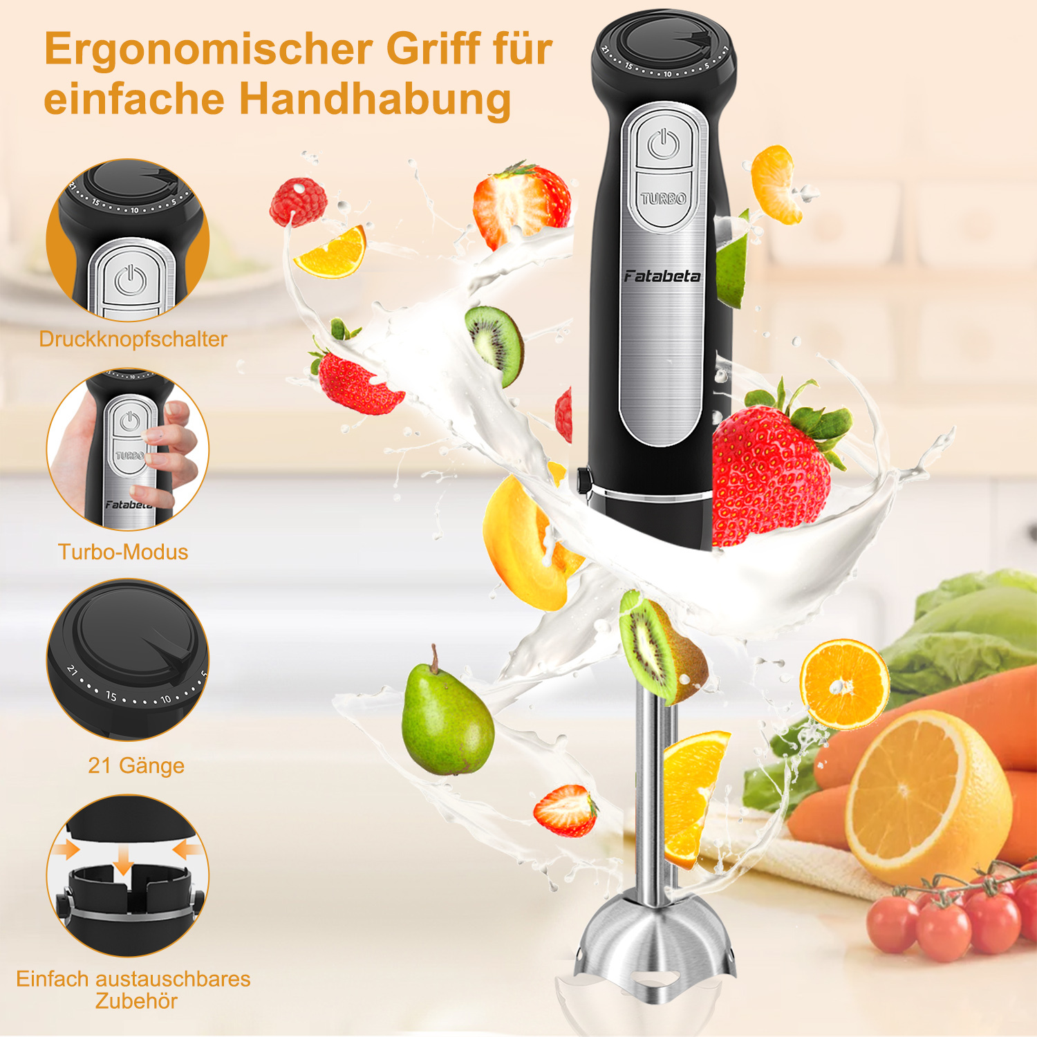 Ein schwarzer Mixer mit Früchten und einem Flüssigkeitsspritzer, der verschiedene Funktionen und Komponenten zeigt.