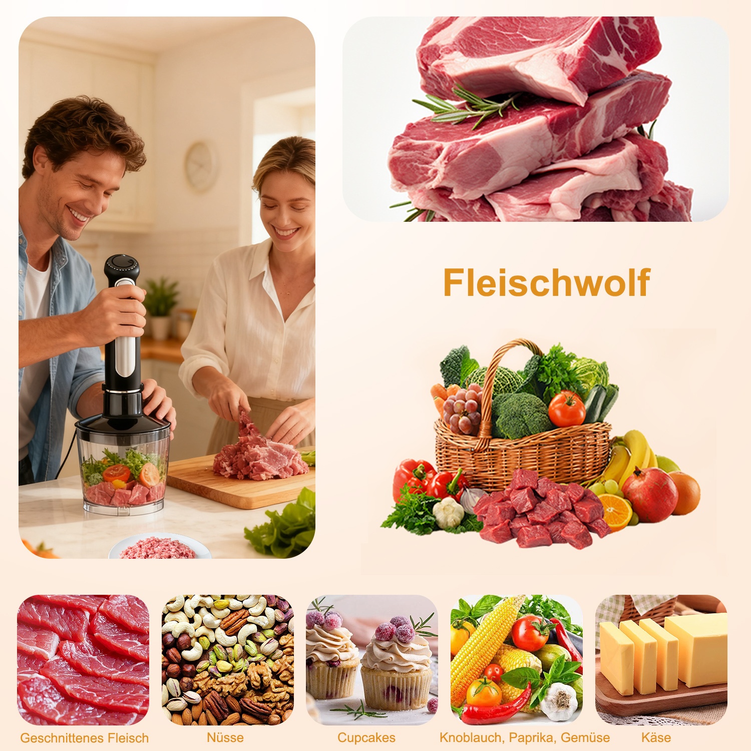 Ein Paar bereitet Essen mit einem Mixer, Fleisch und Gemüse zu. Verschiedene Zutaten und fertige Produkte werden angezeigt.