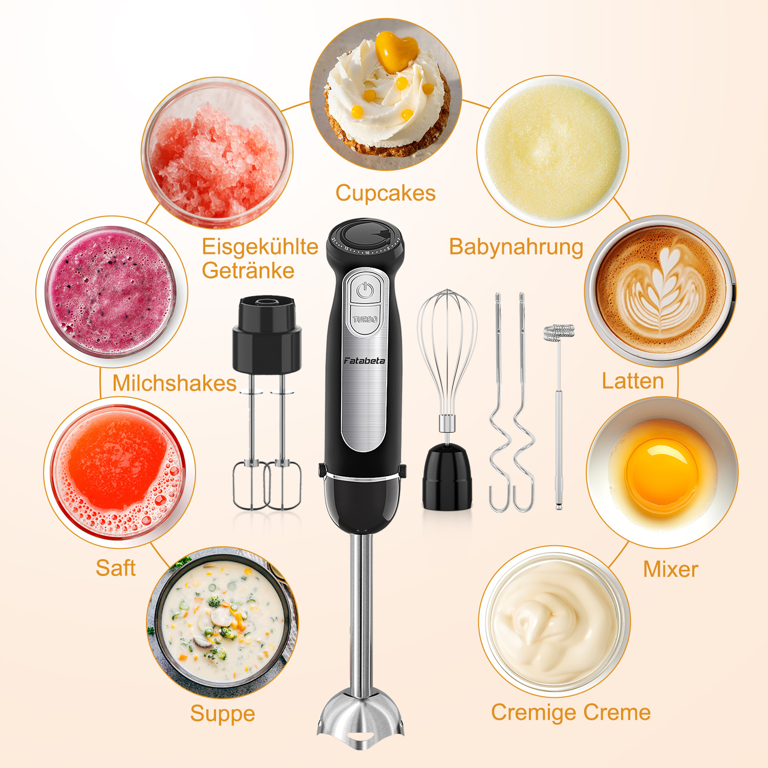 Ein schwarzer Handmixer mit Aufsätzen, umgeben von Bildern von Lebensmitteln: Smoothies, Suppe, Sahne, Cupcakes und ein Latte.