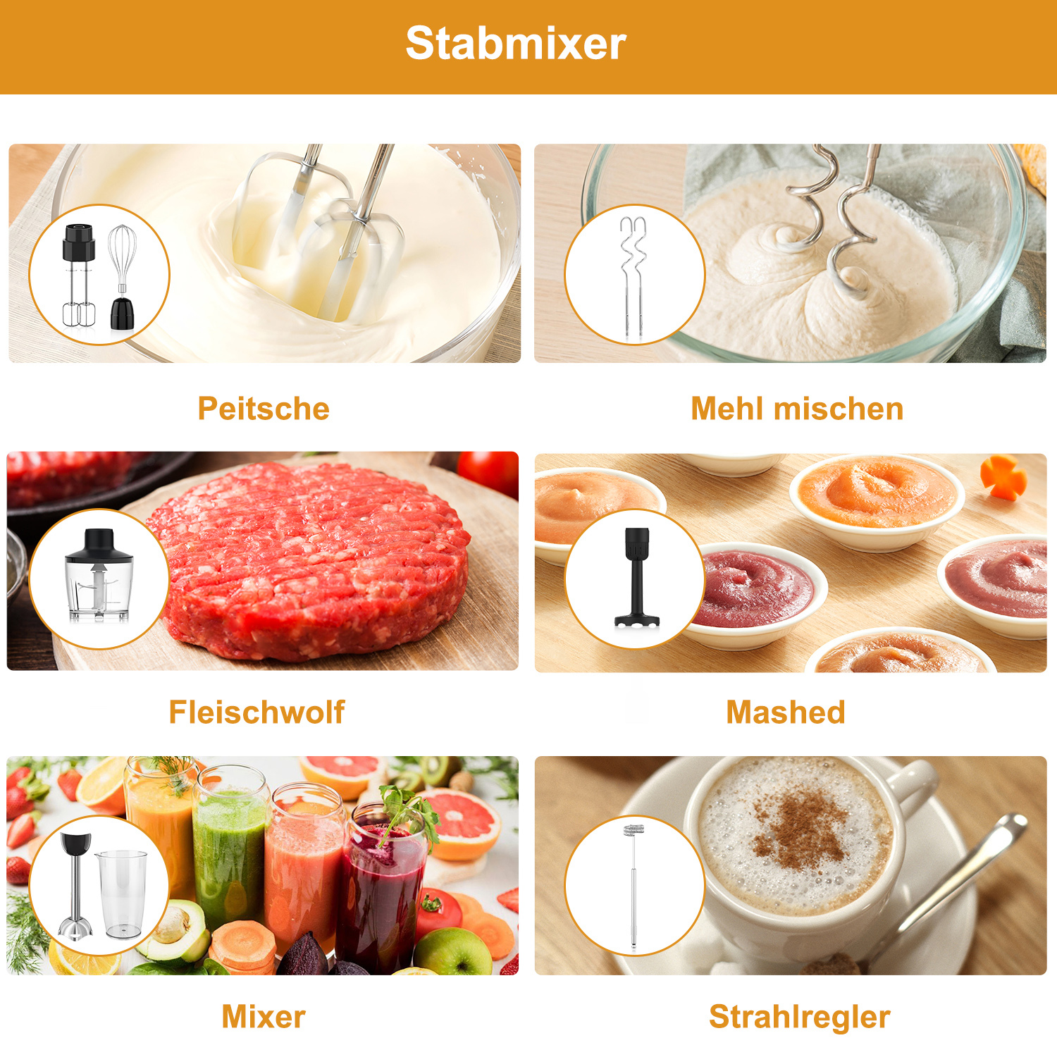 Das Bild zeigt einen Stabmixer mit verschiedenen Aufsätzen. Enthält Bilder von Schlagsahne, Teig, Fleisch, Brei, Säften und Kaffee.