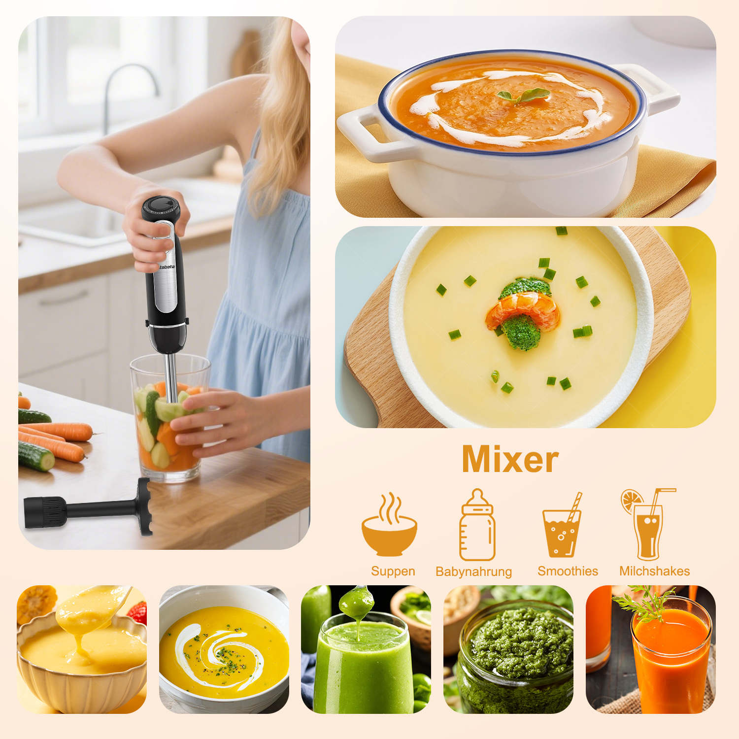 Eine Frau mixt Gemüse in einem Glas. Verschiedene Gerichte und Getränke werden gezeigt, darunter Suppe und Smoothies.