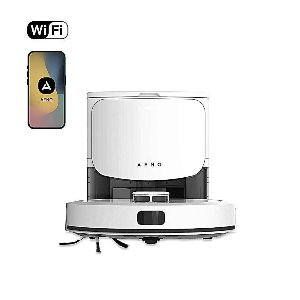 Biało-szary odkurzacz automatyczny ze stacją ładującą, telefonem z logo AENO i znakiem WiFi.